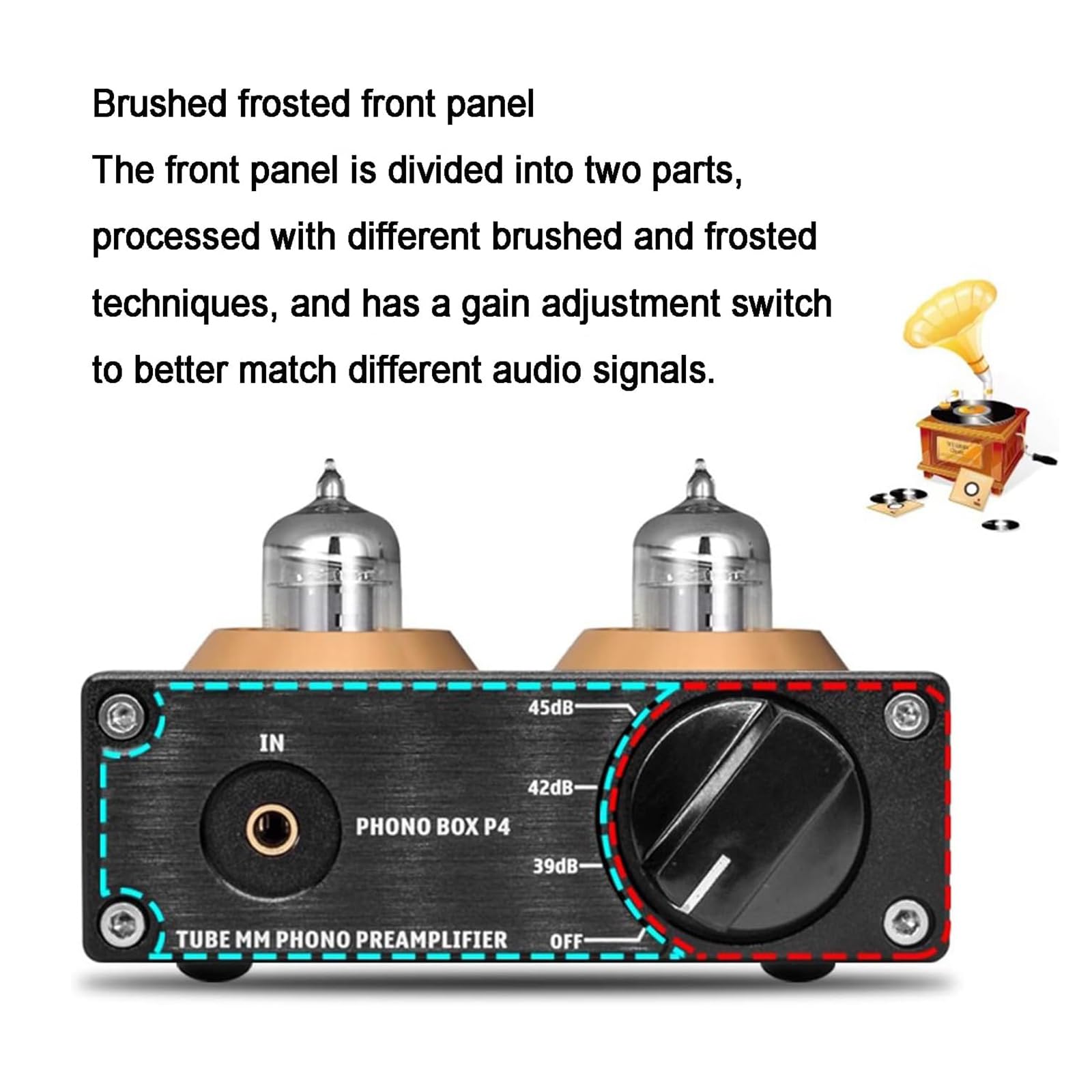 MObyat Mini Preamplificador Hi-Fi, Preamplificador De Fono con Tubo De Vacío, Tubos Reemplazables/Entrada Auxiliar De 3,5 Mm/Interruptor Entre 3 Modos: 39, 42 O 45 DB, para Tocadiscos