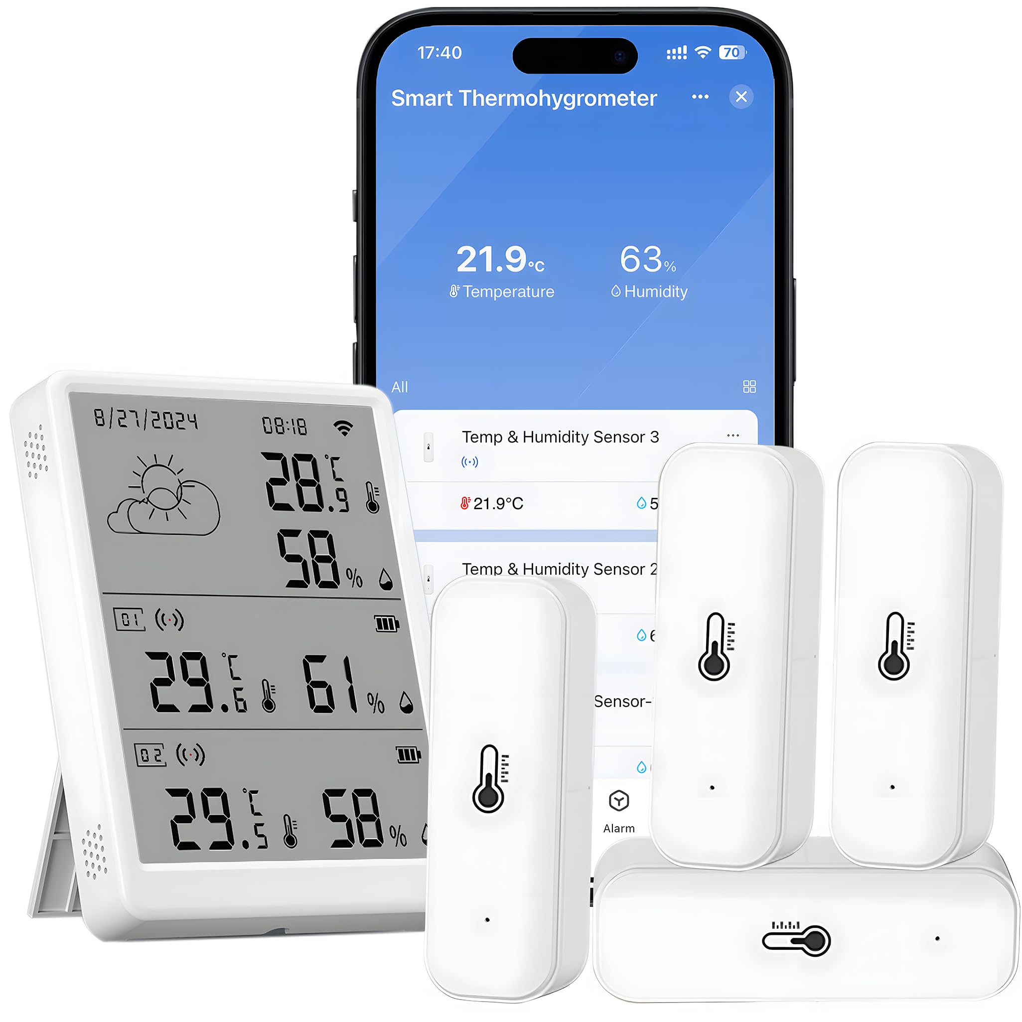 Higrometr WiFi, czujnik temperatury i wilgotności powietrza za pomocą aplikacji, zasięg 100 m, kompatybilny z Alexa (4 czujniki + stacja bazowa)