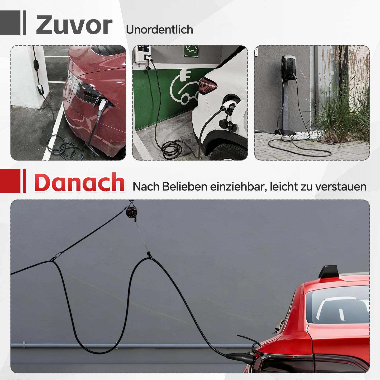 Automatisches Aufhängesystem für Elektroauto-Ladekabel – Kabellose, platzsparende Ladekabelhalterung für Garage, Carport die Montage an der Decke oder an der Wand