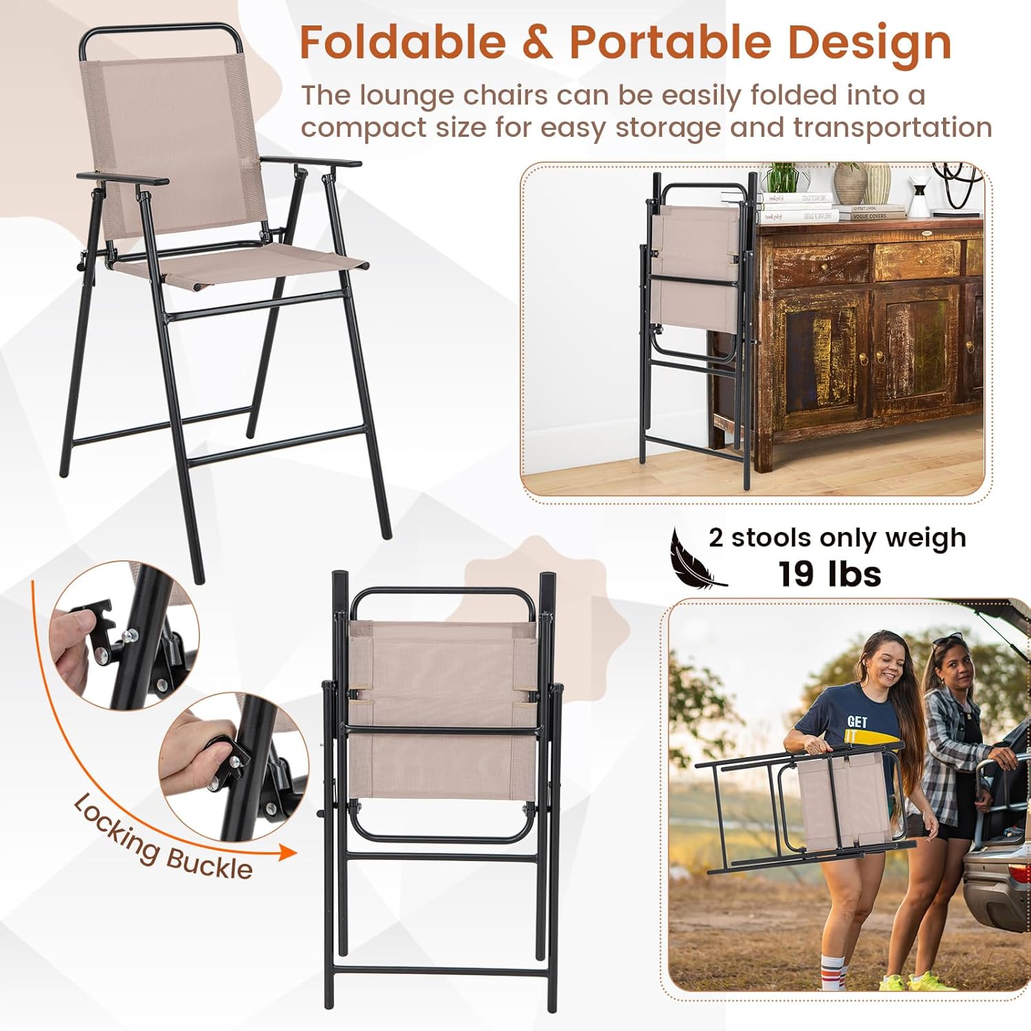 Tangkula Outdoor Folding Bar Stools Set of 2, Patio Dining Chairs with Breathable Fabric & Metal Frame, Outdoor Bar-Height Stools with Armrests, Portable Bar Chairs for Backyard Poolside Balcony