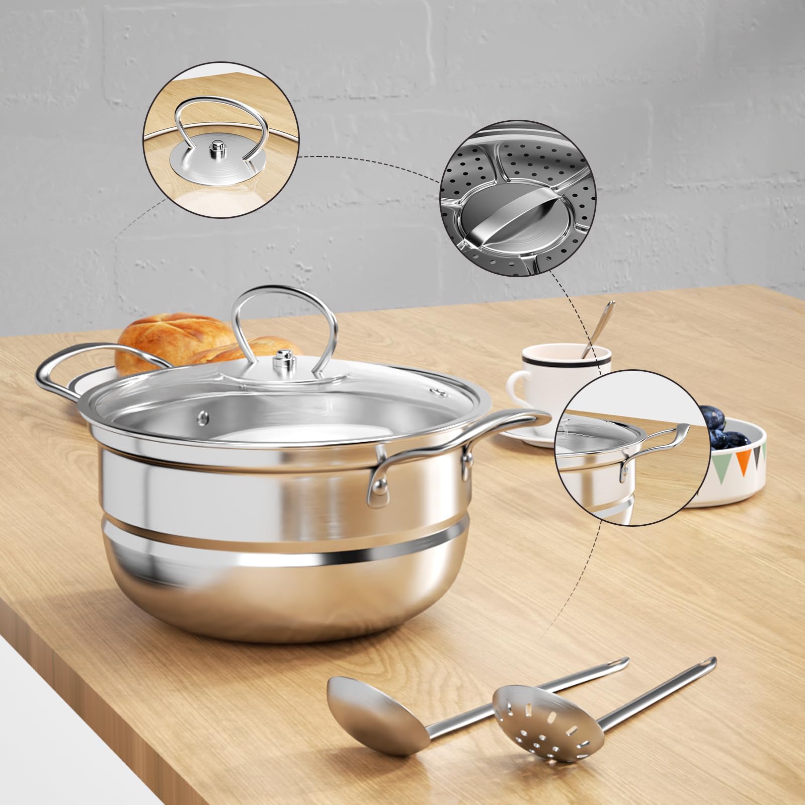 Set di utensili da cucina in acciaio inox, 12 pezzi di utensili da cucina a induzione, vaporiera e cucchiaio, per induzione, con vetro, senza rivestimento (argento)
