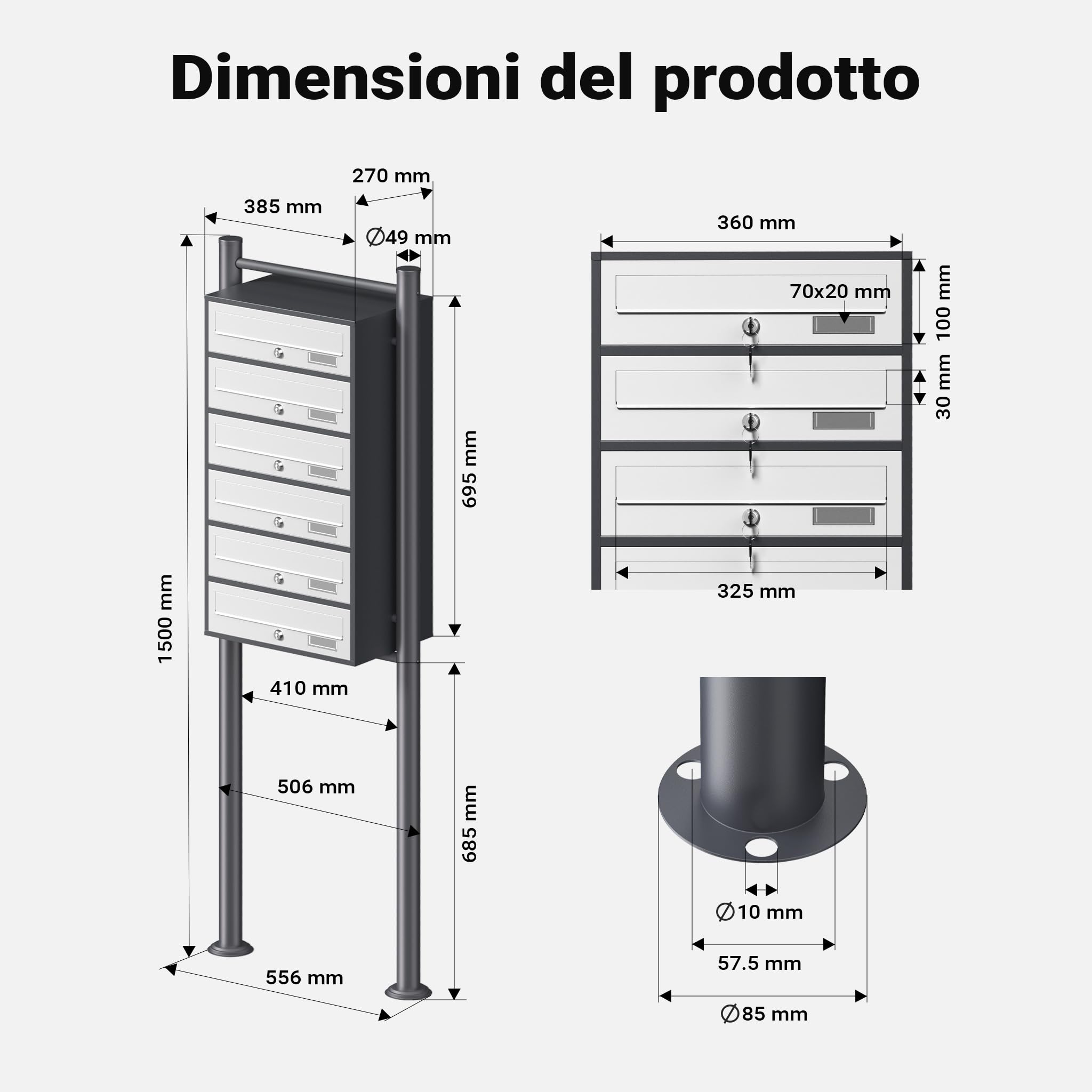 Wiltec Cassetta postale condominiale autoportante 6 posti antracite/bianco 513 x 270 x 1500 mm 1 modulo