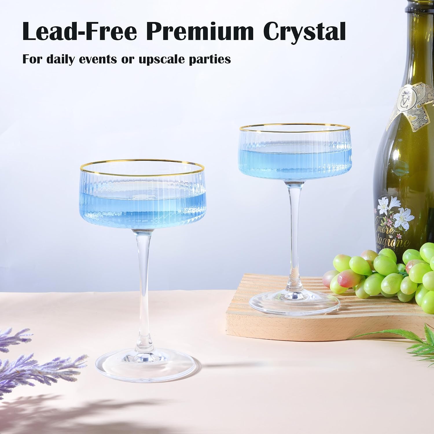 Joeyan Gold Rim Ribbed Coupe Glasses Set of 2, 9oz Hand Blown Crystal Martini Glasses with Stem, Vintage Cocktail Glass, Elegant Glassware for Espresso Martini, Margarita, Champagne, Home Bar& Gift