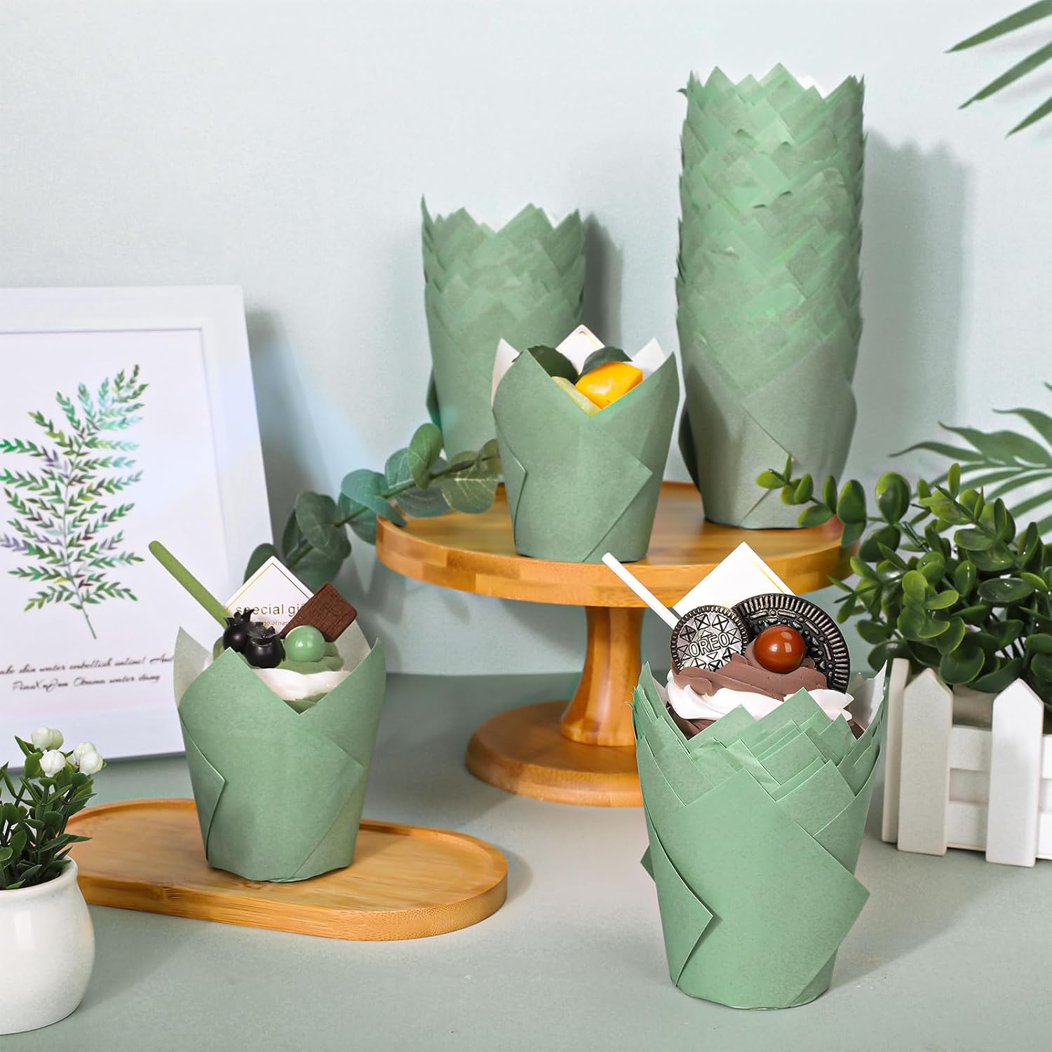 Whaline 200Pcs Sage Green Tulip Cupcake Liners Green Muffin Baking Liners Tulip Cupcake Wrappers Baking Cup for Bridal Baby Shower Wedding Birthday Party Decor