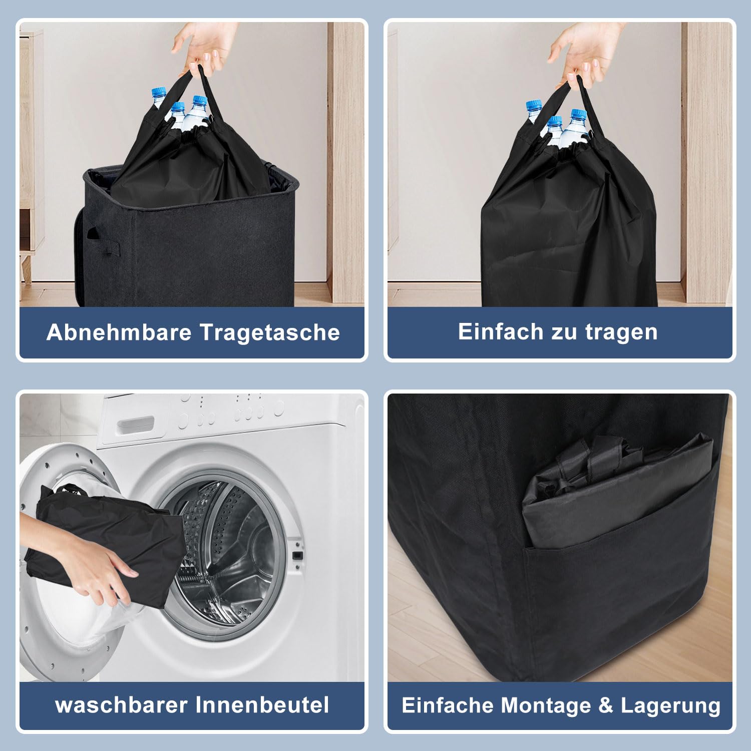 100L Schwarz 2X Pfandflaschen Sammelbehälter mit Deckel & 2X Tragetasche,Behälter Leergut & Altglas Aufbewahrung, Robuster Flaschensammler für Küche