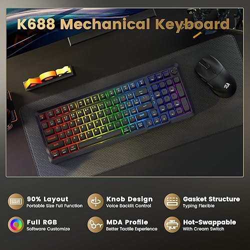 Miniatura 2 de Redragon Teclado mecánico inalámbrico, teclado RGB para juegos de 3 modos montado en juntas con perilla de volumen, interruptores lineales