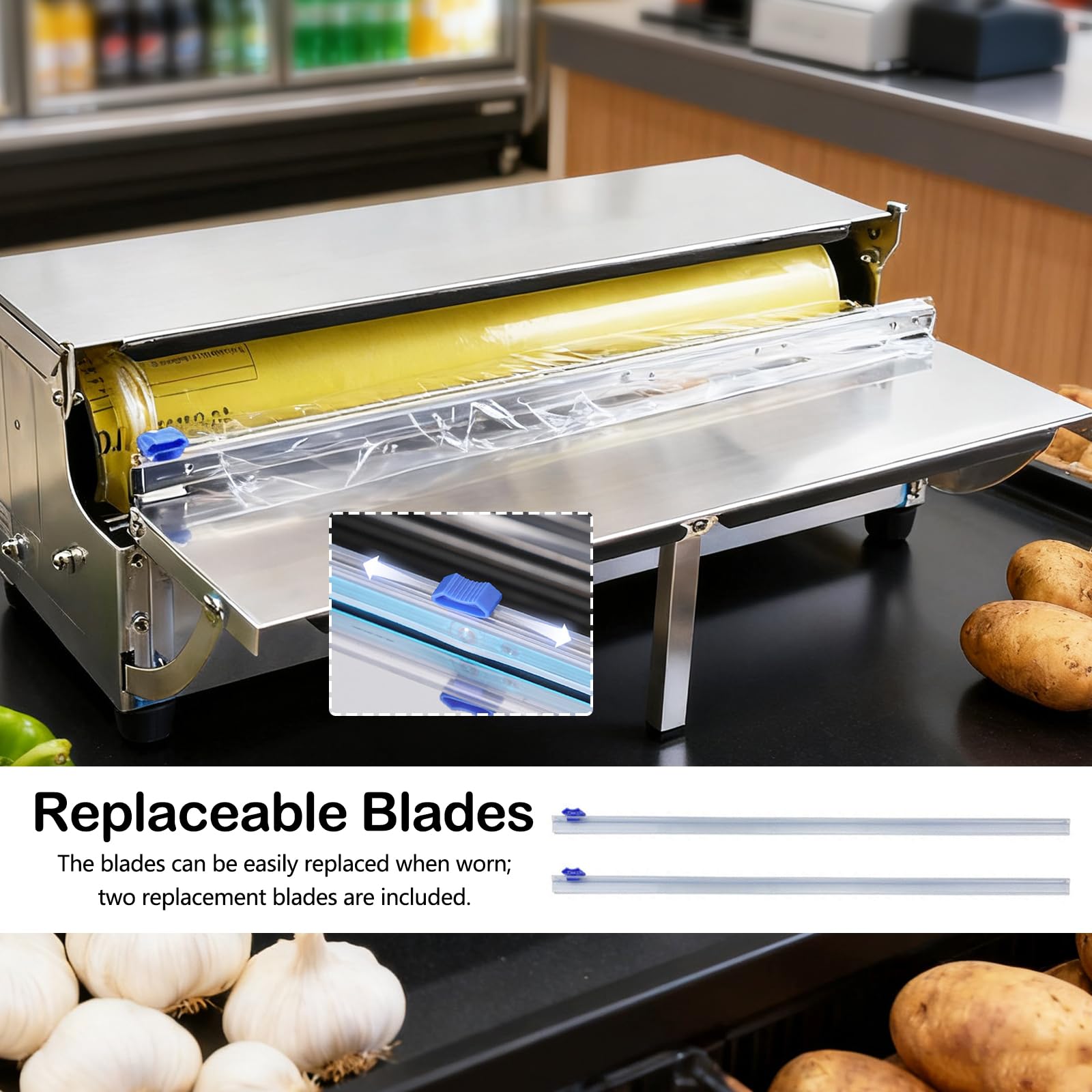 Distributeur De Film, 450 Mm Acier Inoxydable Distributeur De Film Alimentaire Distributeur De Film Pliable avec 2 Lames De Rechange pour Aliments Frais dans Les SupermarchéS Machine d'emballage