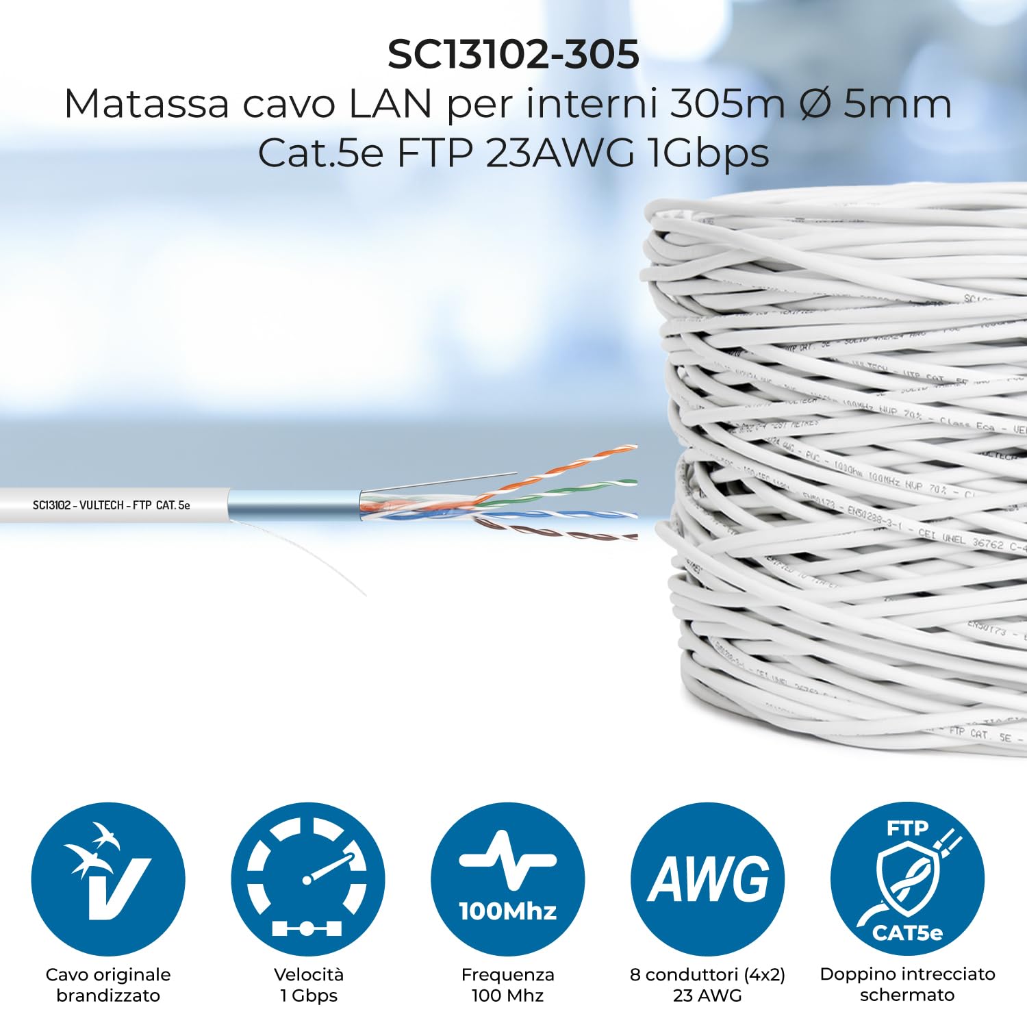 Vultech SC13102-305 - Cable de red (305 m, Cat5e, F/UTP (FTP), Gris)