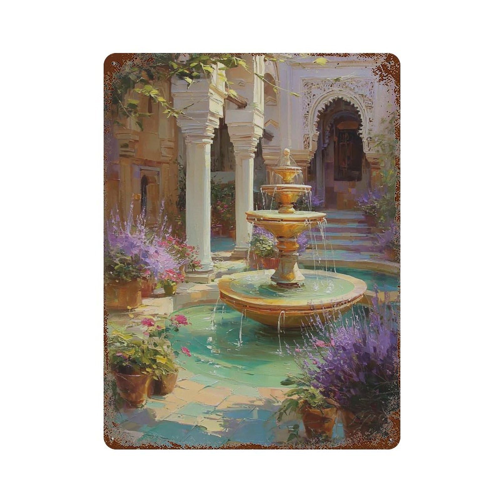 xiaoxiaoshen Spanish Courtyard Fountain Mediterranean Garden Colorful Floral Patio Seville St Wall Decor Art Metal Tin Poster Modern Home Decor Art Home Bar Shop Decorations Vintage Sign 40x30cm