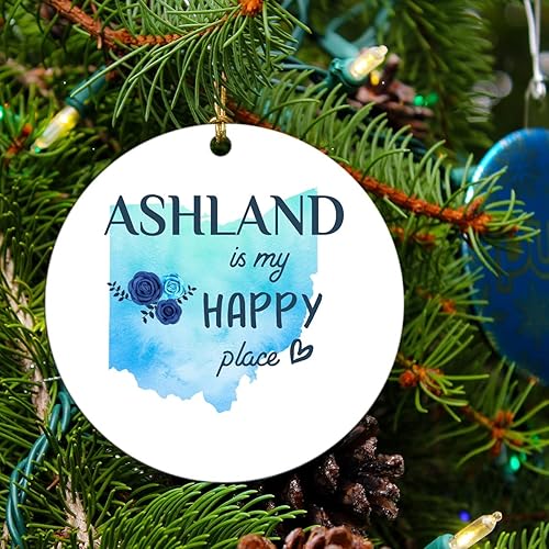 Árbol de Navidad 2024 con nombre de ciudad, Ashland Ohio is My Happy Place – Ashland OH Decoración de Navidad Regalo Familia 3 pulgadas MDF Plástico