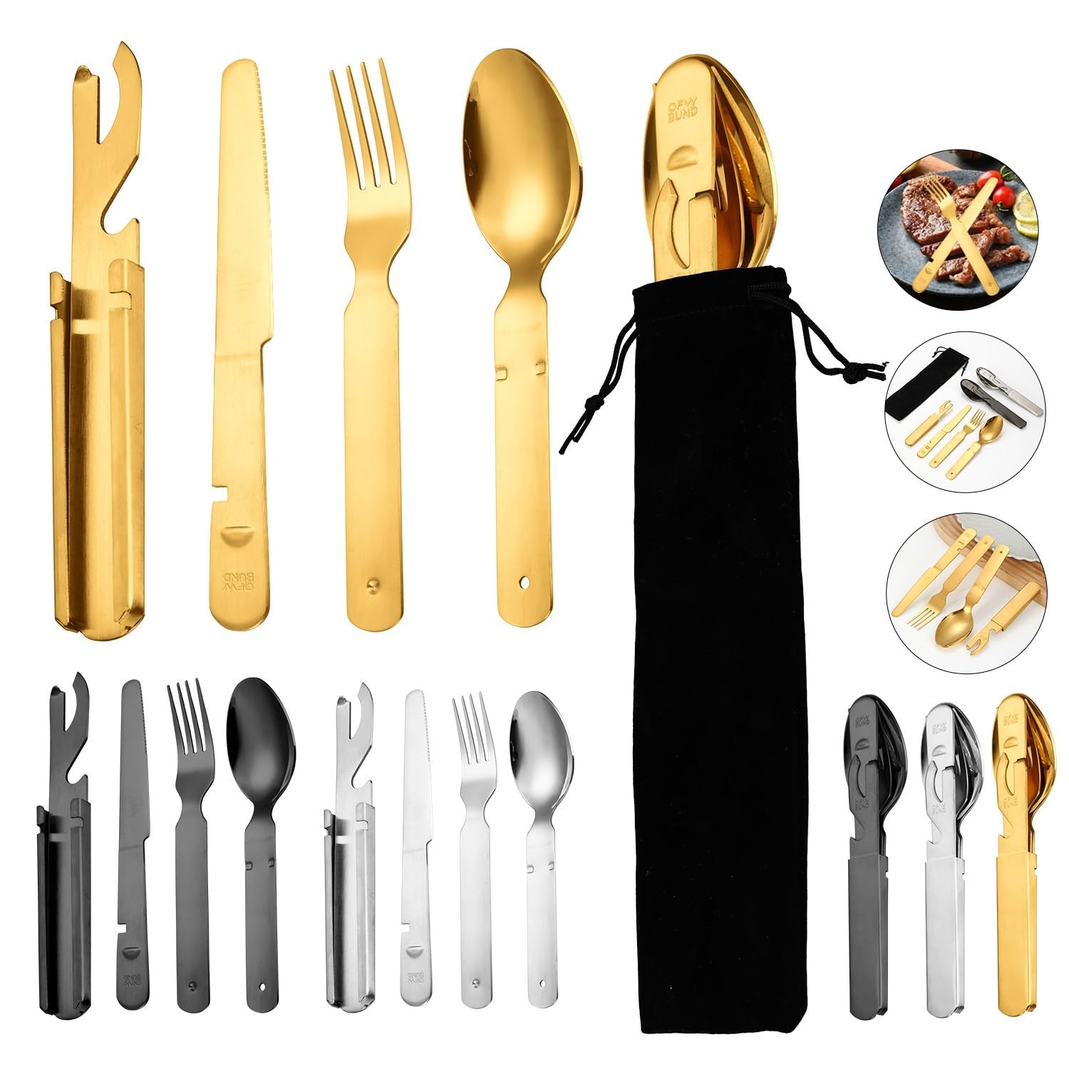 Juego De Cubiertos De Plata, 4/16/24/32/40/48 Piezas, De Acero Inoxidable, para Exteriores, Portátil, De Viaje, Plegable, con Cuchillo, Tenedor Y Cuchara, Multi,Black-48 Pieces for 12