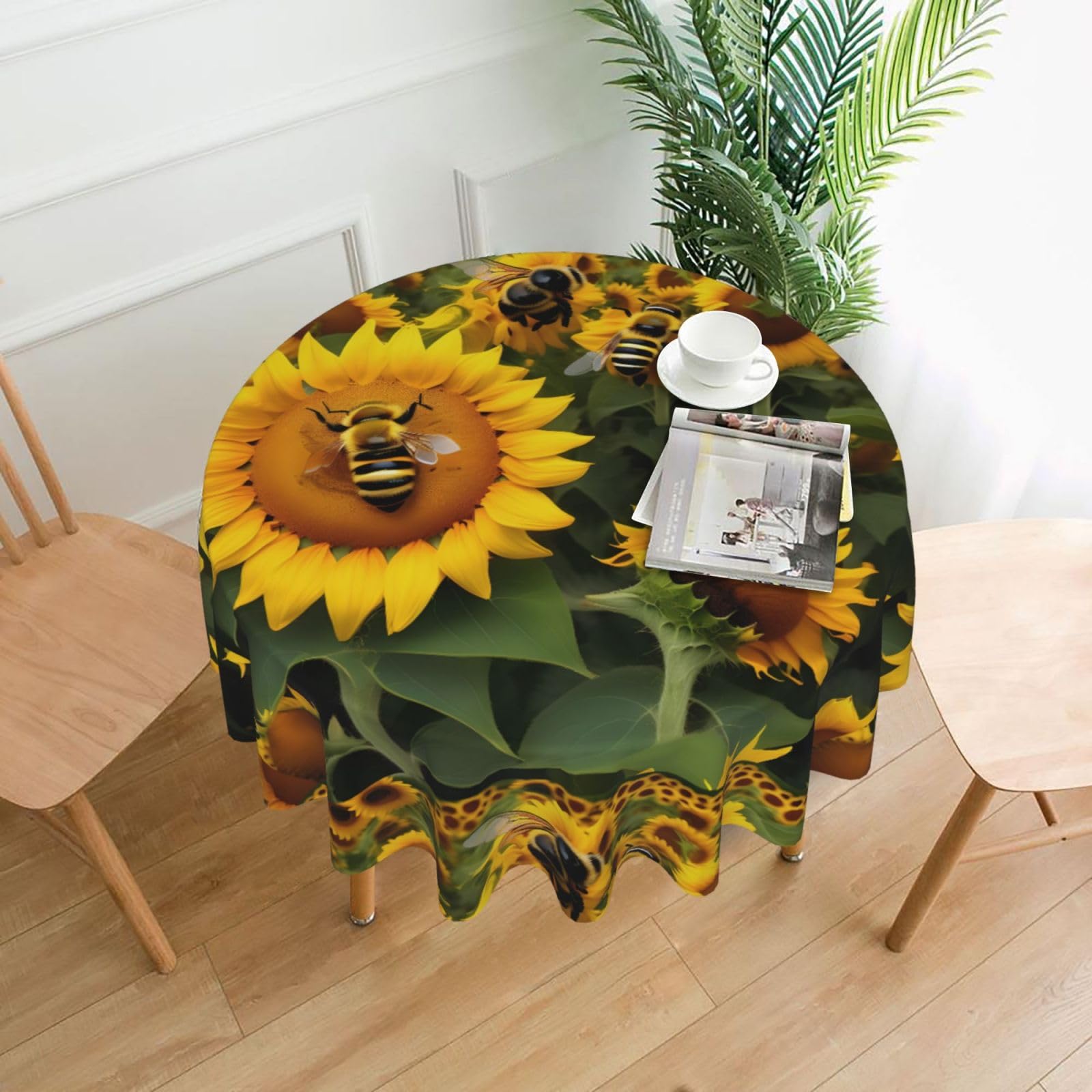Nbtghga Sunflower Bees Print Tablecloth Round Border Table Cloth Cover Decorative For Party Holiday Dinning Tabletop Home