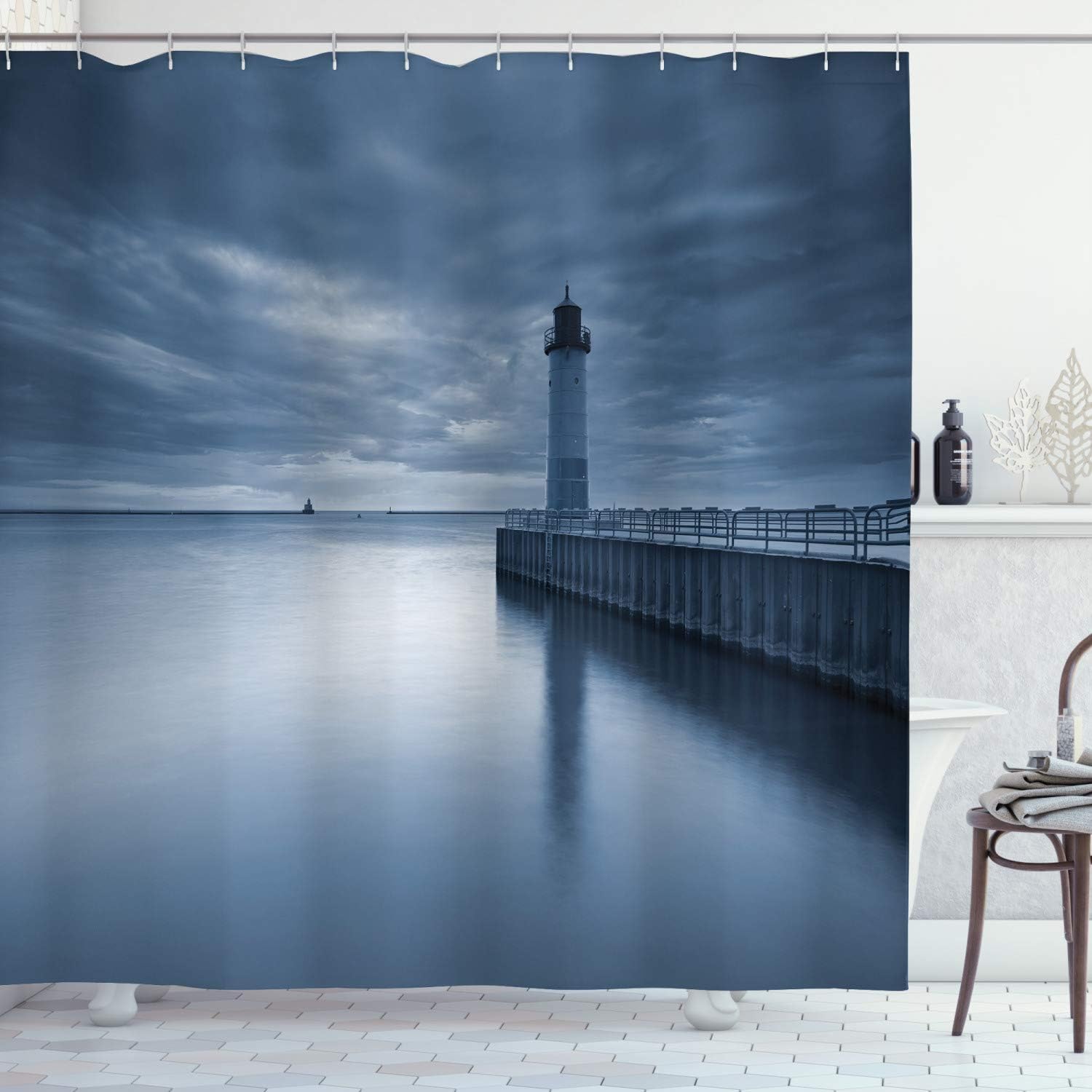 Ambesonne Wisconsin Shower Curtain, Marine Theme Photo of Lighthouse in Milwaukee in Overcast Weather Print, Cloth Fabric Bathroom Decor Set with Hooks, 69" W x 70" L, Slate Blue Blue Grey