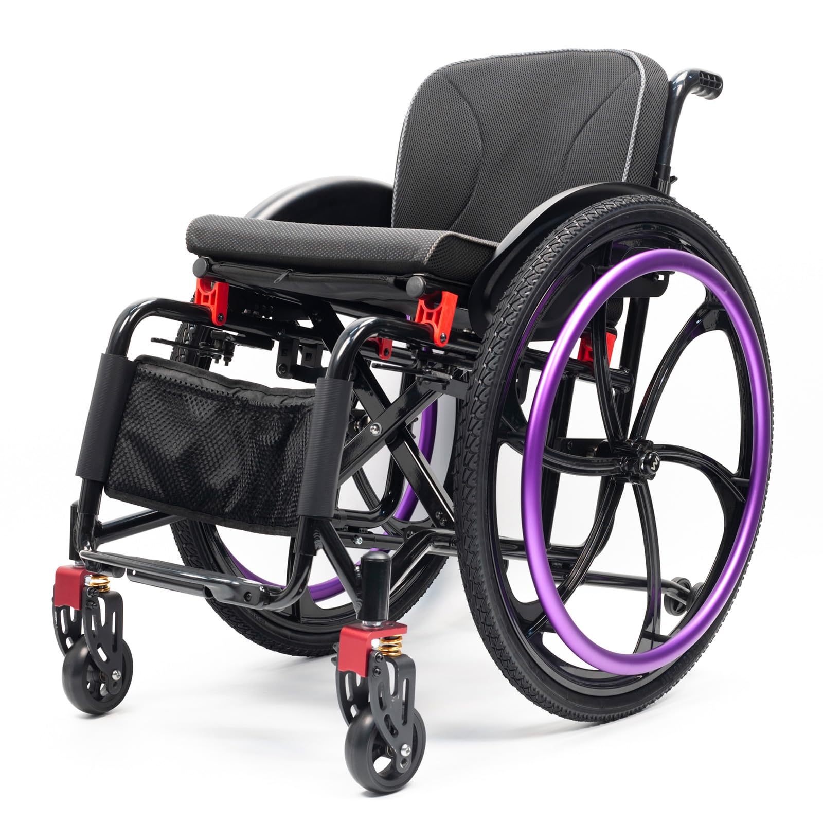 Sports Wheelchair for Adult,Portable Travel Wheel Chair,Lightweight Foldable Transport Wheelchair,Folding Transport Chair with Foot Rests,for Adults Seniors Easy Transfers(16.5in seat width,purple)