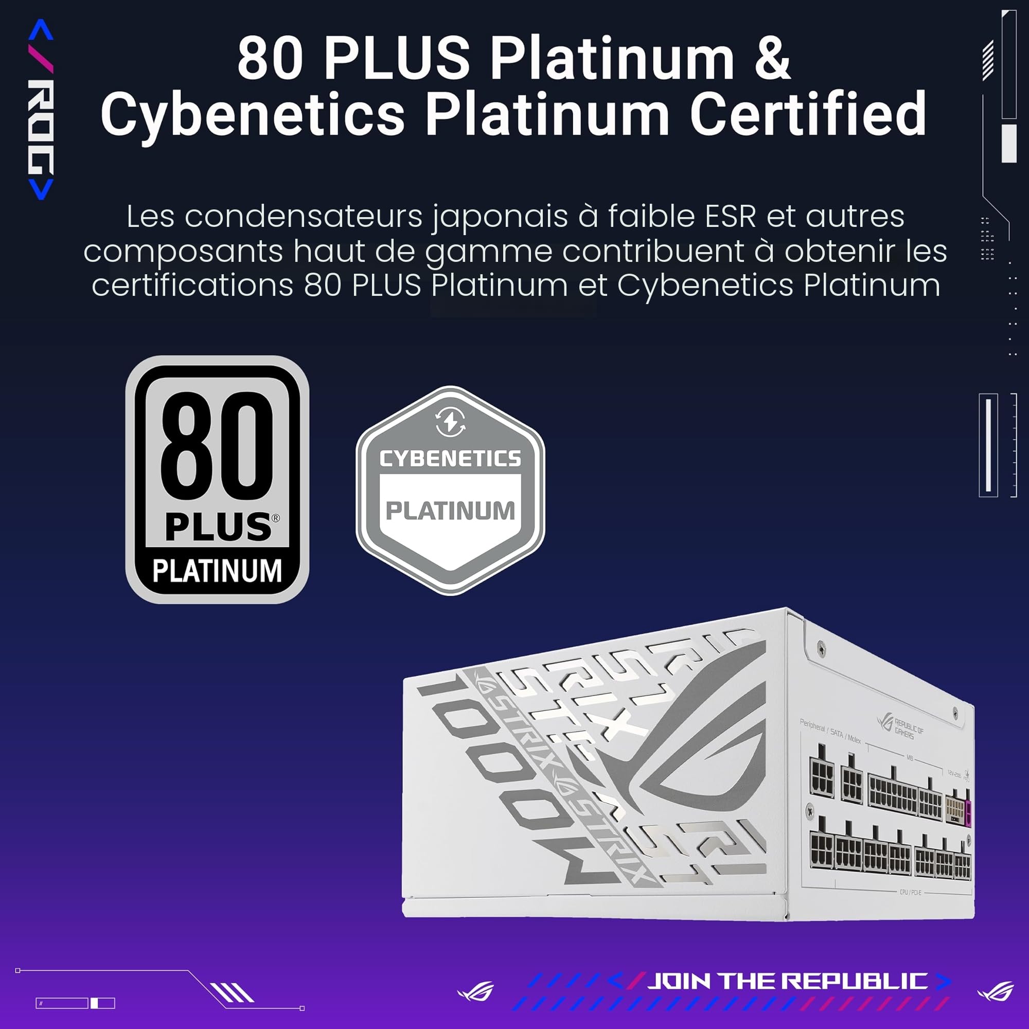 ASUS ROG Strix 1000W Platinum White, Alimentation entièrement modulaire, 80+ Platinum, ATX 3.1, PCIe 5.1, GaN MOSFET, Stabilisateur de Tension Intelligent