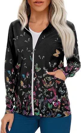 Scrub Jackets for Woman Zip Up Long Sleeve Tops Print Plus Size Womens Scrubs for Women Nursing Shirts with Pockets