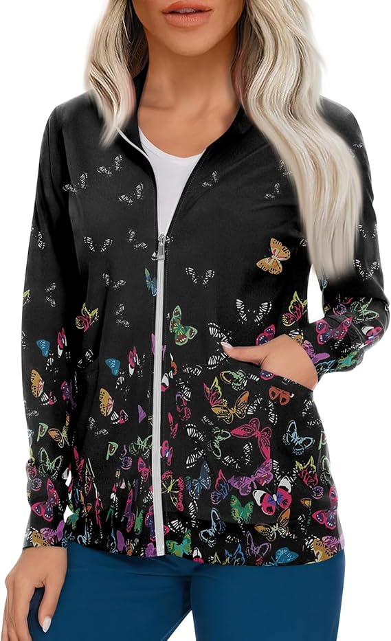 Scrub Jackets for Woman Zip Up Long Sleeve Tops Print Plus Size Womens Scrubs for Women Nursing Shirts with Pockets