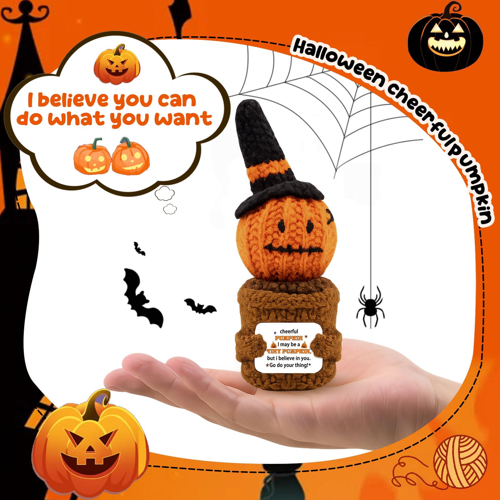 Cesta de Halloween Boo regalo para amigos y familiares, mini calabaza positiva hecha a mano, regalo de apoyo emocional de ganchillo para cumpleaños, Halloween, decoración de Acción de