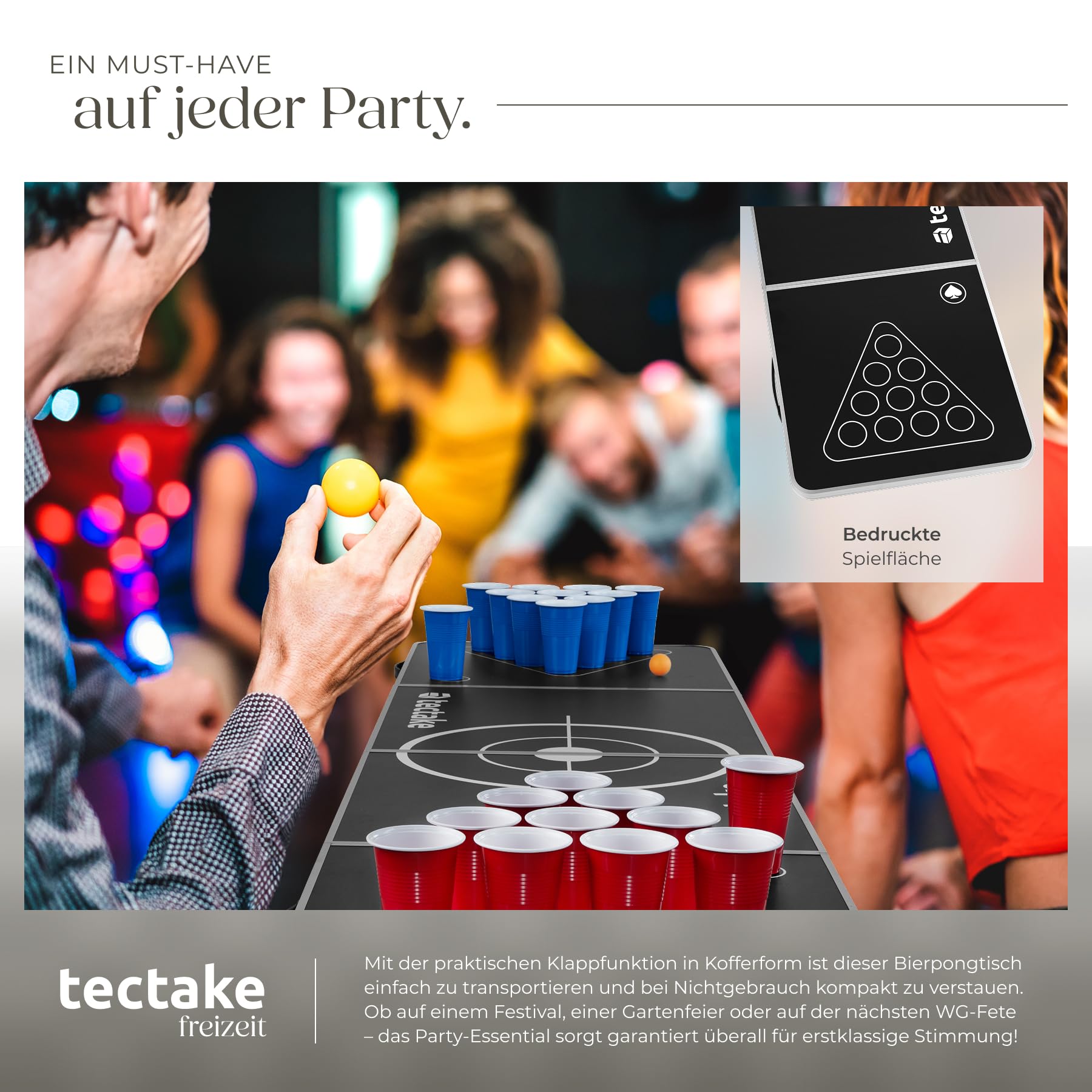 tectake® Bierpong Tisch, Beer Pong Tisch, inkl. 100 Becher (50 rot & 50 blau) und 6 Bälle, höhenverstellbar, Tisch klappbar mit Tragegriffen, Partyspiele für Erwachsene, Trinkspiel, Beer Pong