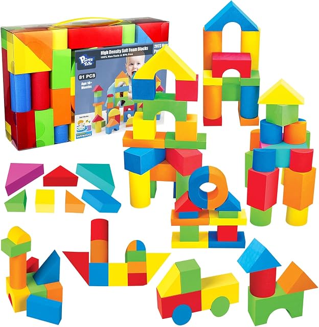 Foam Building Blocks for Toddlers 2-4, 81 Pieces EVA Soft Stacking Blocks Toy Set, Early Learning Construction Toys & Gifts for Kids, Boys & Girls 18+ Months
