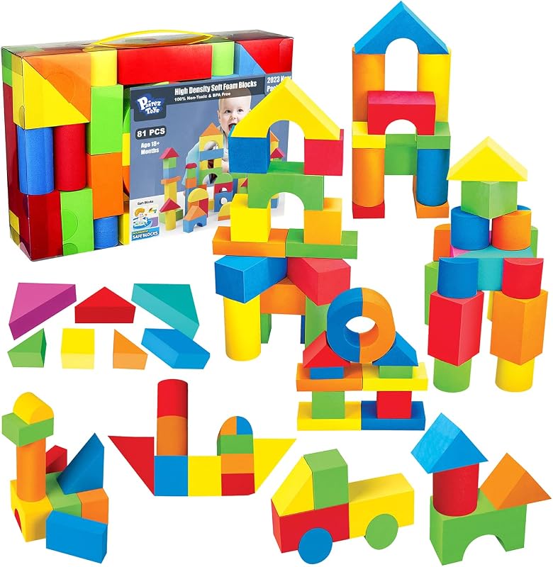Foam Building Blocks for Toddlers 2-4, 81PCS Soft Blocks Toy | Baby Bath Foam Toys, Stacking Blocks Set, Sensory and Montessori Toys for Boys & Girls 18+ Months