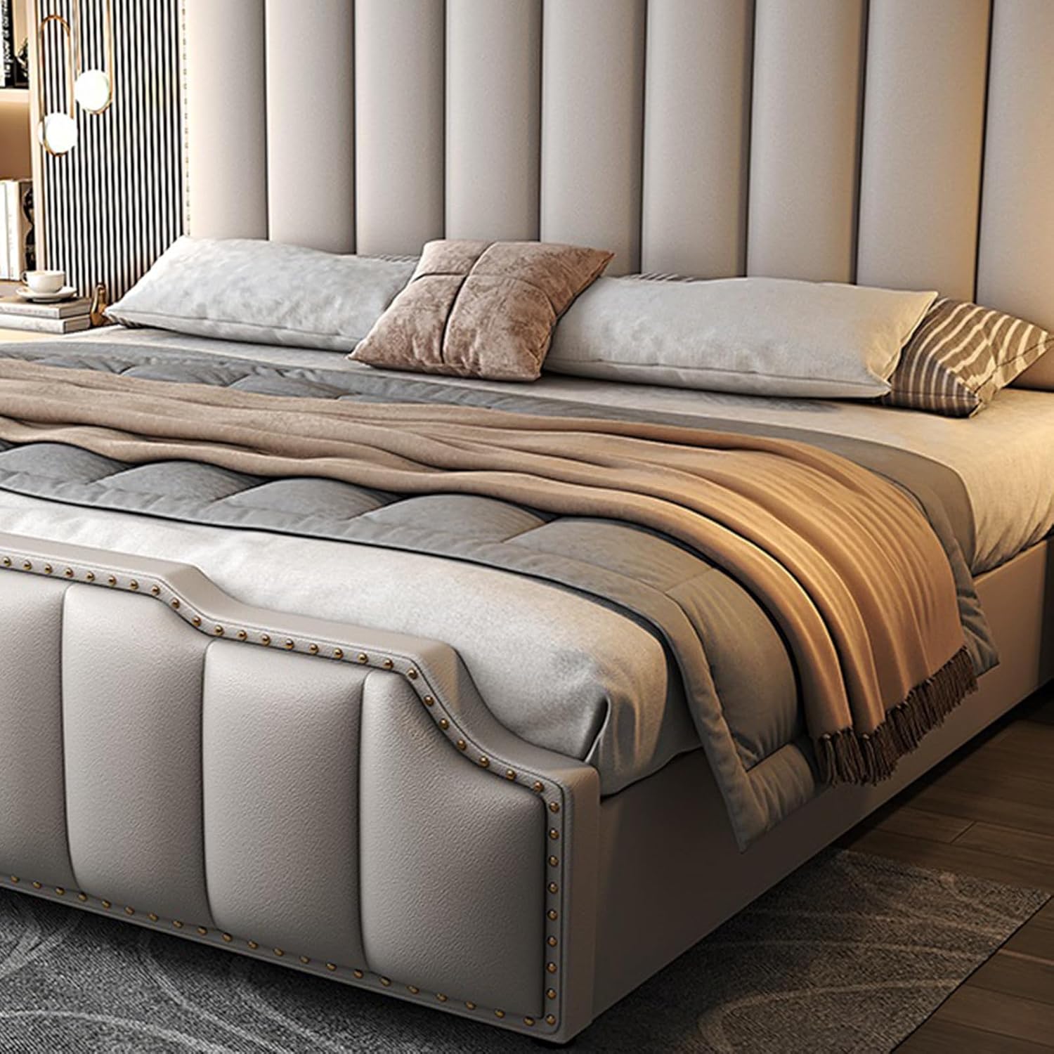 Modern King Size Luxury Genuine Leather Wood Bed Upholstered Platform Bed Frame with Headboard and Lift Up Storage Strong Wooden Slat Support No Box Spring Needed