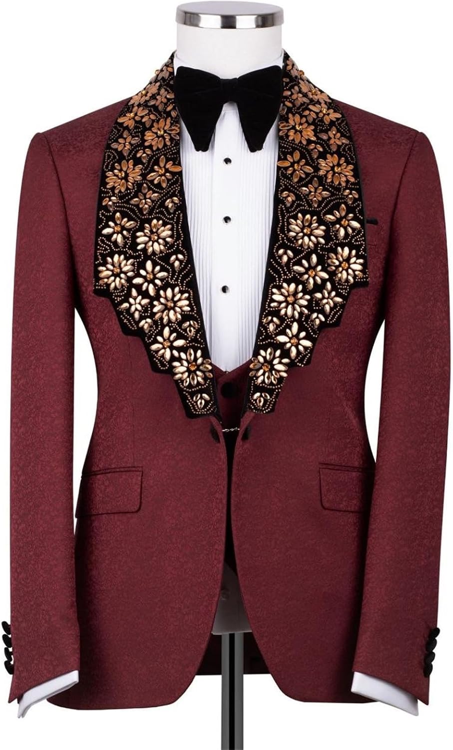 Men's Formal Jacquard Tuxedo with Luxury Handmade Rhinestone One Button Dinner Blazer for Prom Party Wedding