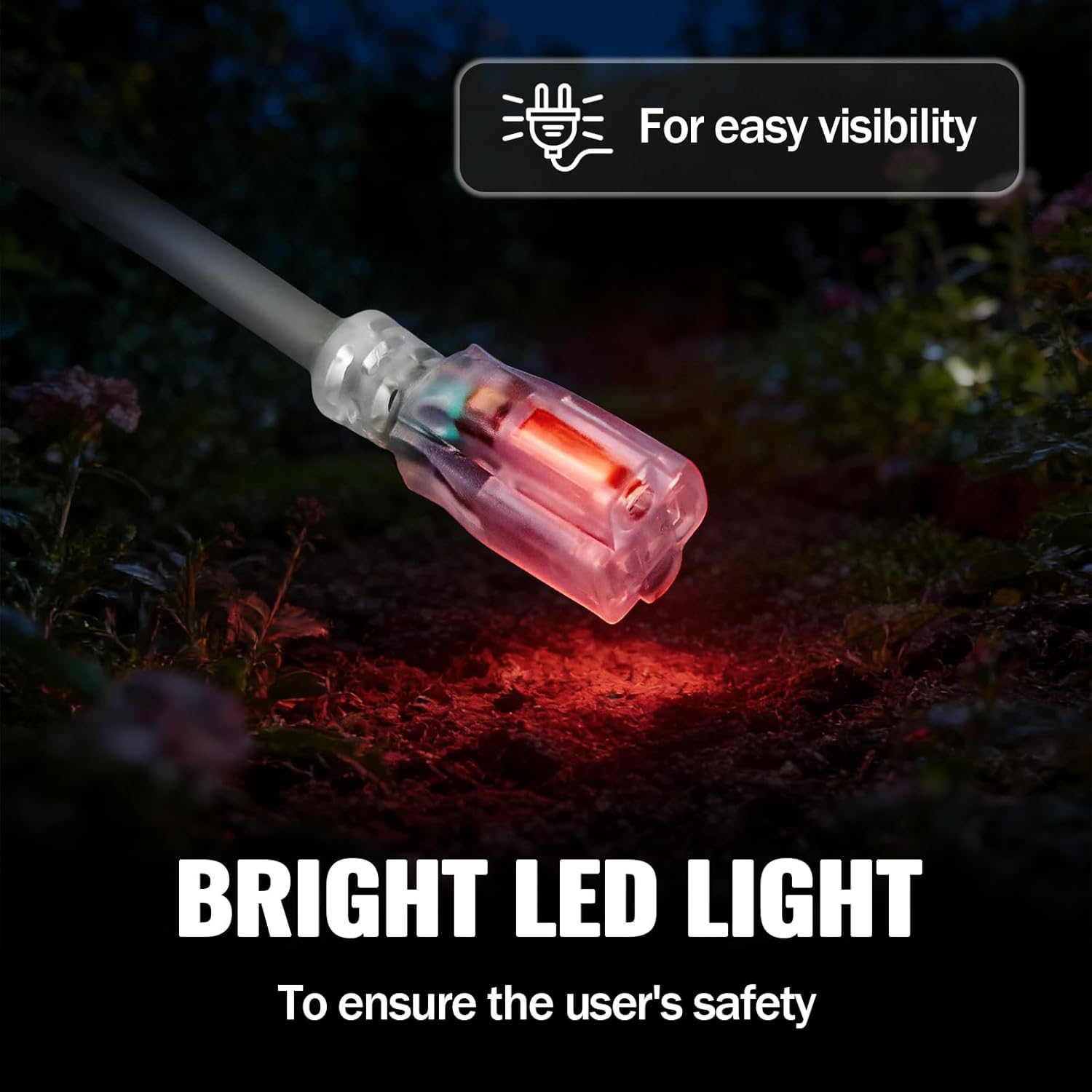 50 FT Grey Extension Cord with Lighted End, 12 AWG 3 Prong Indoor Outdoor Heavy Duty Waterproof Power Cable for Major Appliance, 12/3 SJTW UL Listed