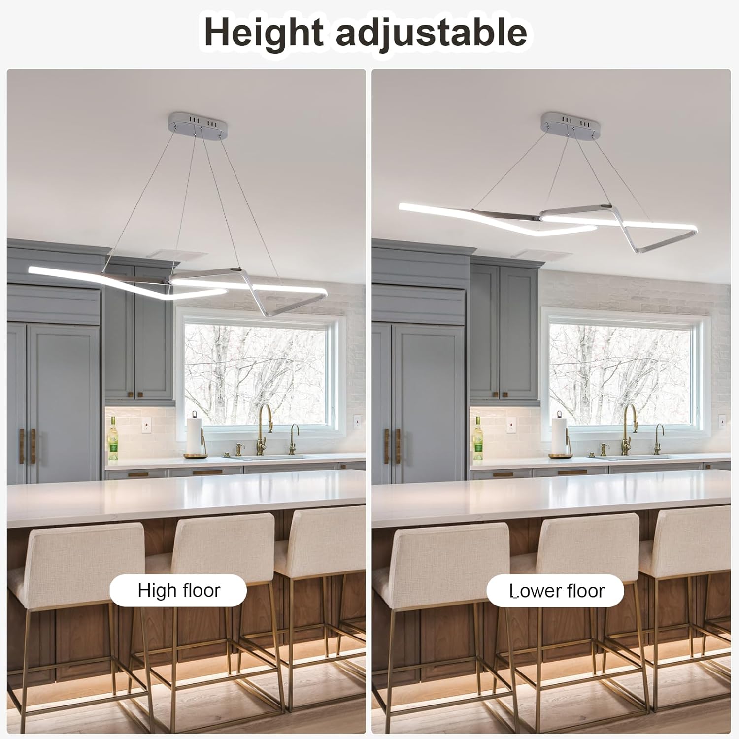 47.24 in Dimmable Modern LED Chandeliers for Dining Room - Adjustable Height Pendant Light Fixture Over Table, Contemporary Silver Chandelier Light Fixture (Chrome 47.24")