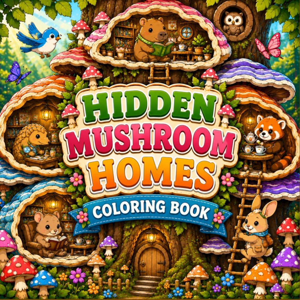 Hidden Mushroom Homes Coloring Book with Cozy Woodland Cottages, Cute Forest Animals, Whimsical Rooms, and Enchanted Nature Scenes