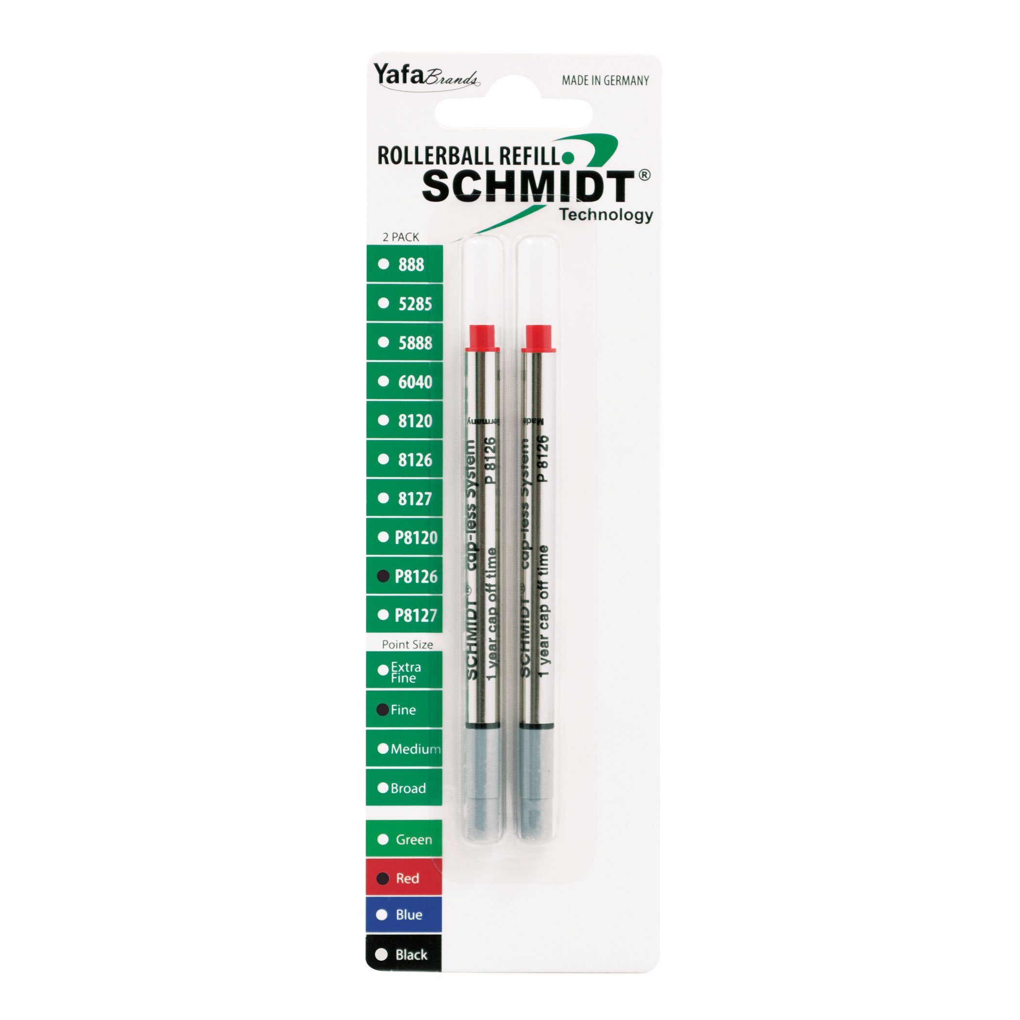 Schmidt P8126 Short Capless Rollerball Refill Fine Point 0.6mm, Red, 2 Pack Blister (SC58121)