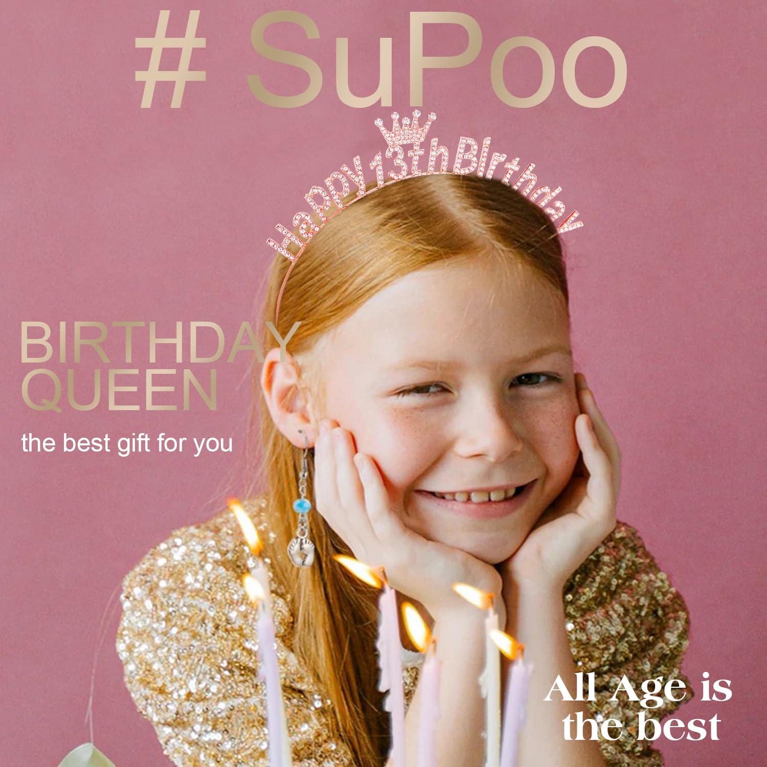 SuPoo 13th Birthday Sash and Crown: Sparkle Tiara & Gorgeous Sash for Teenage Girls' 13th Birthday Party - Pink, Rose Gold