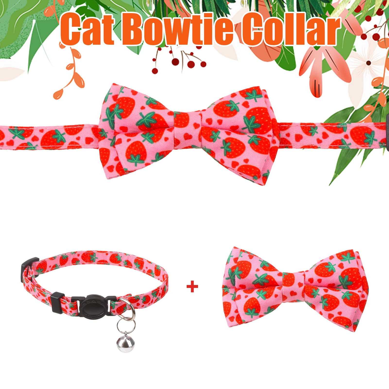 Paquete de 4 collares de gato con pajarita y campana, collar de gato, collar de gato, collar de gato, collar de gato de frutas, collar de gatito, collar de seguridad ajustable para primavera
