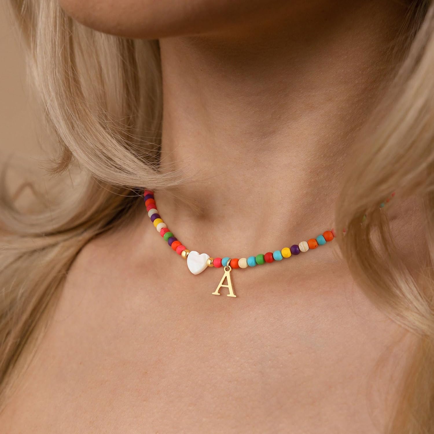 TOBENY Dainty Initial Necklaces for Women Colorful Beaded Necklaces Handmade Personalized A-Z Gifts Trendy Stuff 14K Gold Plated Bohemian Letter Choker Necklace with Heart Shaped Shells Jewelry Gift - Image 2