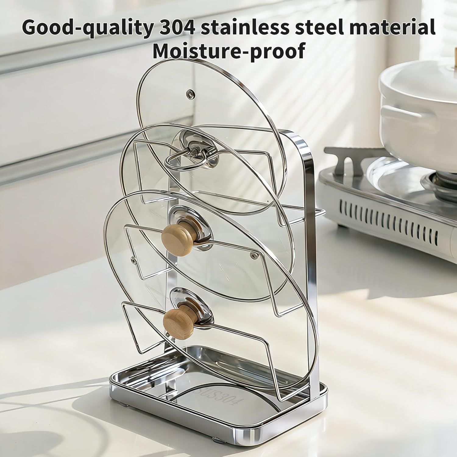 Pot Lid Holder While Cooking, 3 Tier Stainless Steel Pot Lid Organizer with Drip Tray, Kitchen Storage Rack for Stove Top & Countertop, Heavy Duty Lid Holder for Pots and Pans, Silver