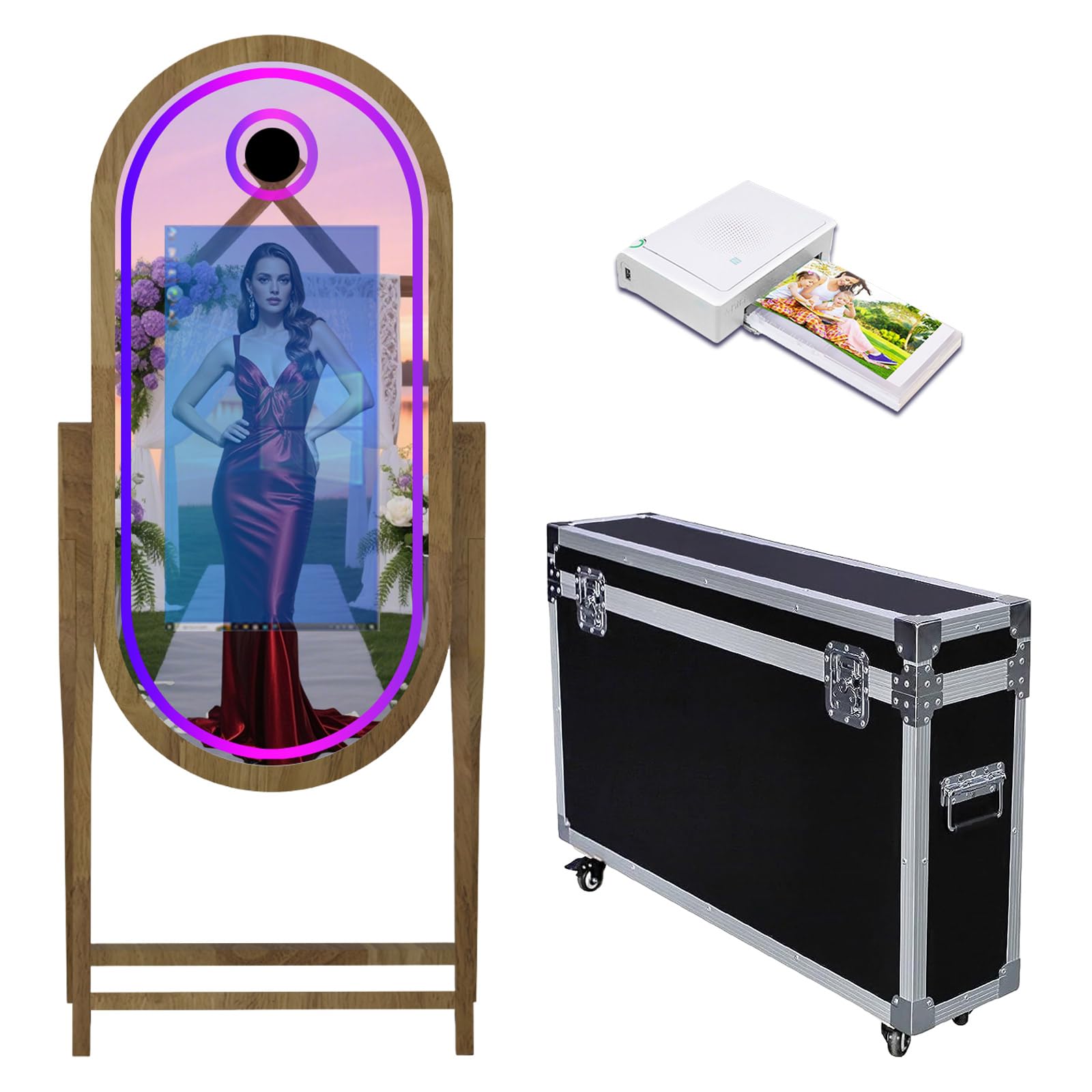 Appareil photo miroir magique de 152,4 cm avec écran tactile de 81,3 cm, support pour selfie, cadre lumineux RVB et étui de vol pour événement, location, fête de mariage (machine + mini imprimante)