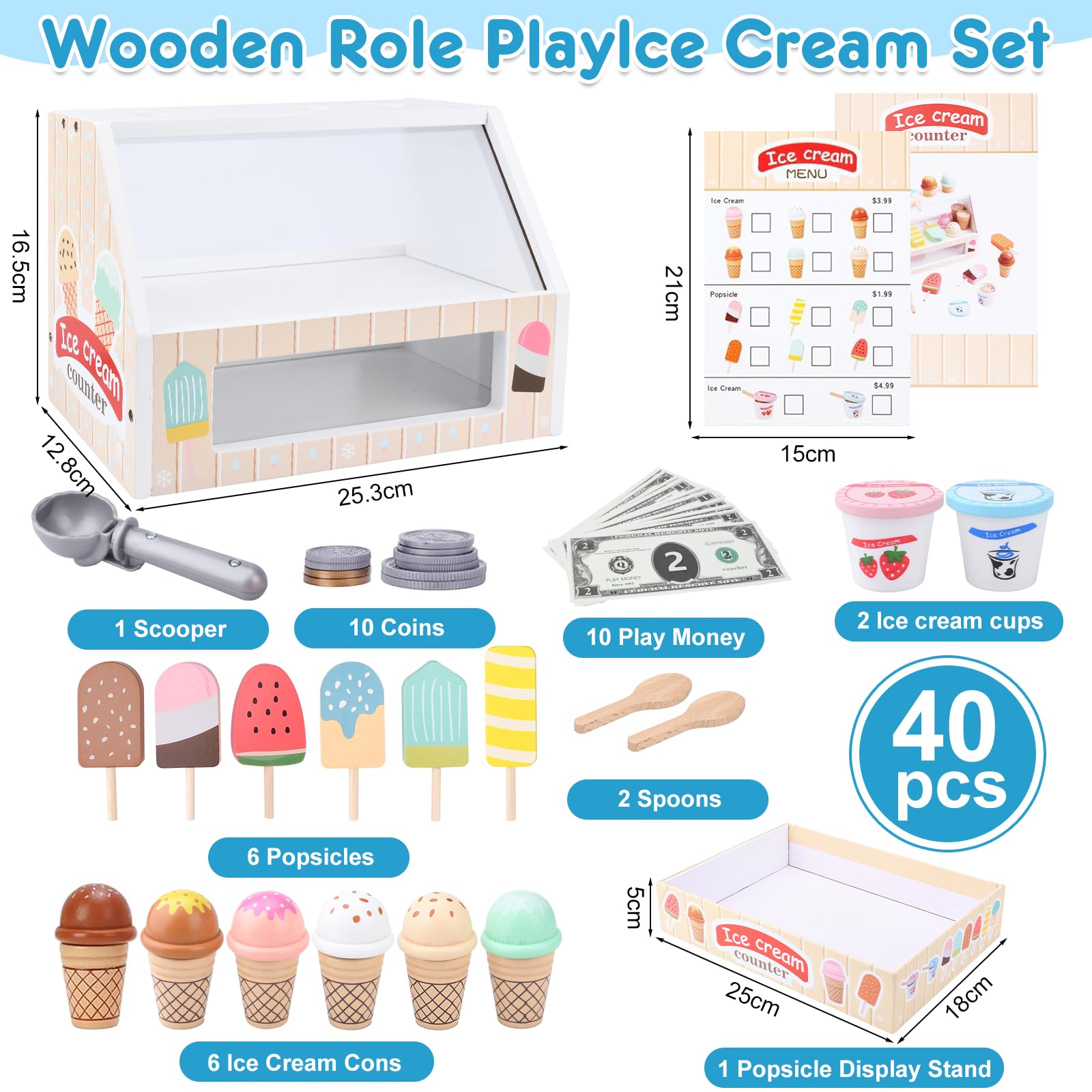 Gelateria Giocattolo per Bambini,Giocattolo per Gelato in Legno,Montessori Gioco di Ruolo Educativo Regalo per Bambini,Gelateria Giocattoli in Legno per Bambini da 3 4 5 6 Anni Ragazzi Ragazze - 2