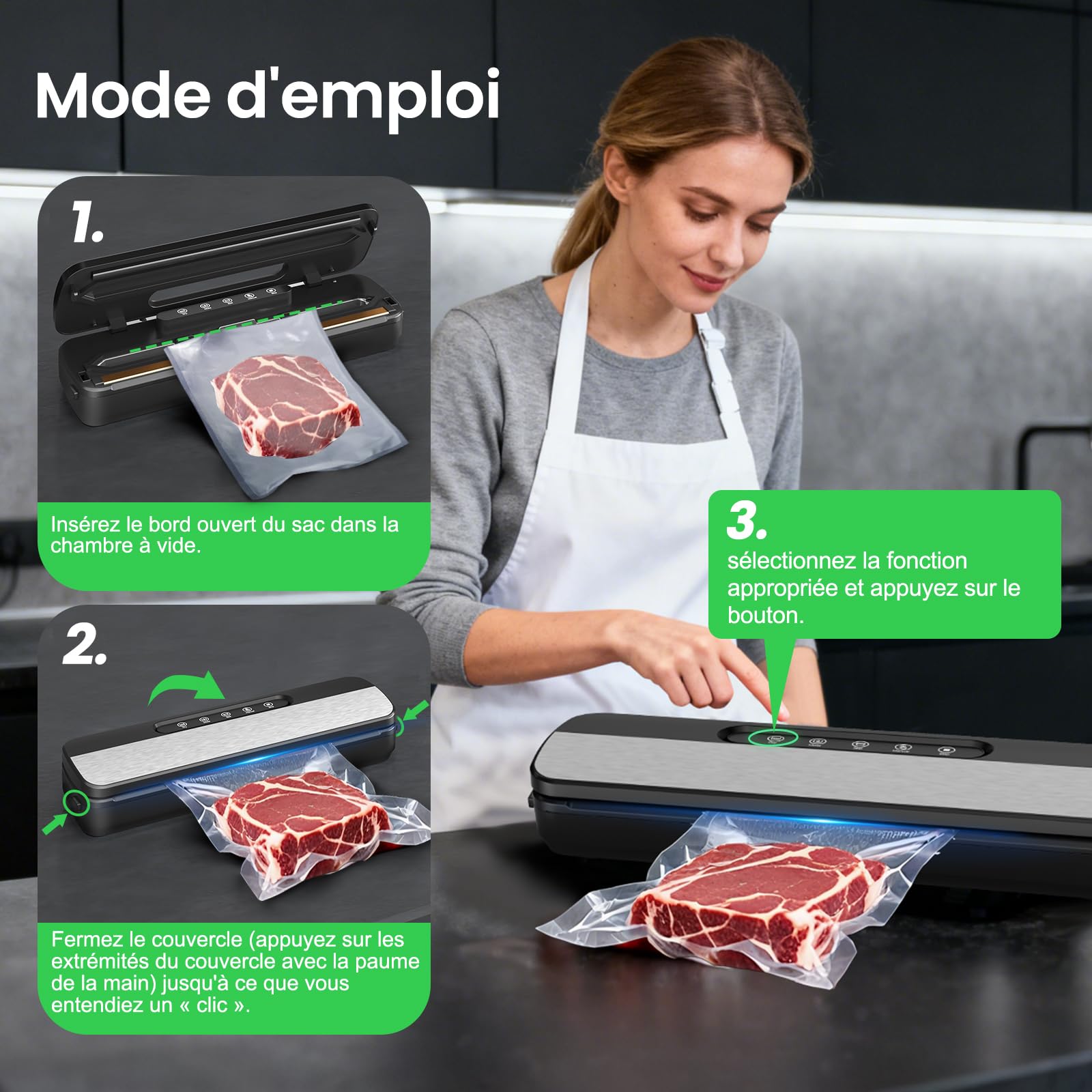 Raycial Machine Sous Vide Alimentaire, 7-en-1 Appareil sous Vide Alimentaire 130W 90 kPa, Appareil de Mise Sous Vide pour La Cuisson Sous Vide, avec Cutter, 10 Sacs Prédécoupés et Tuyau D'extraction
