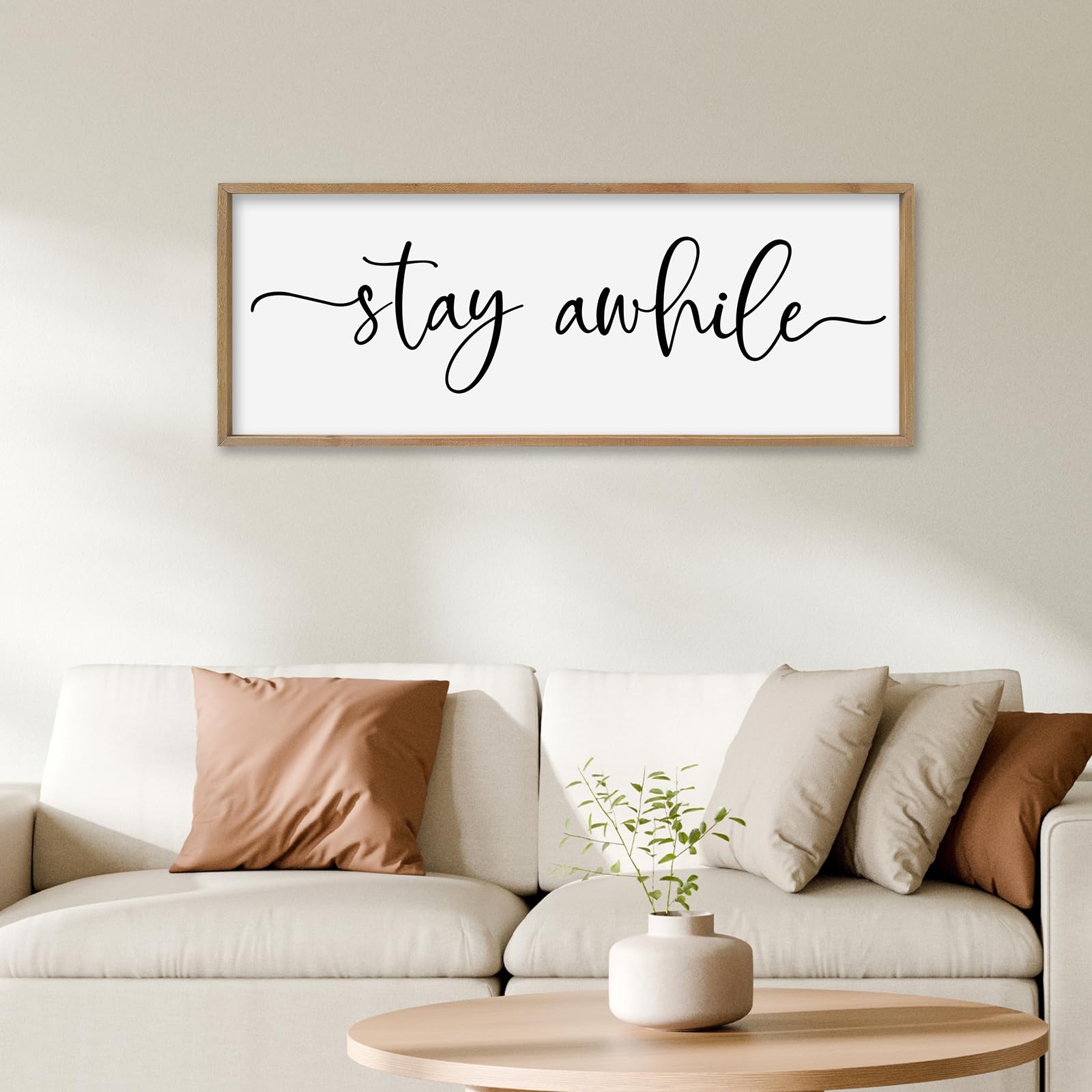 srszhiyue living room wall decor stay awhile sign 32"×12" modern farmhouse home family entryway hallway signs large wood framed simple wall horizontal hanging art (wood)