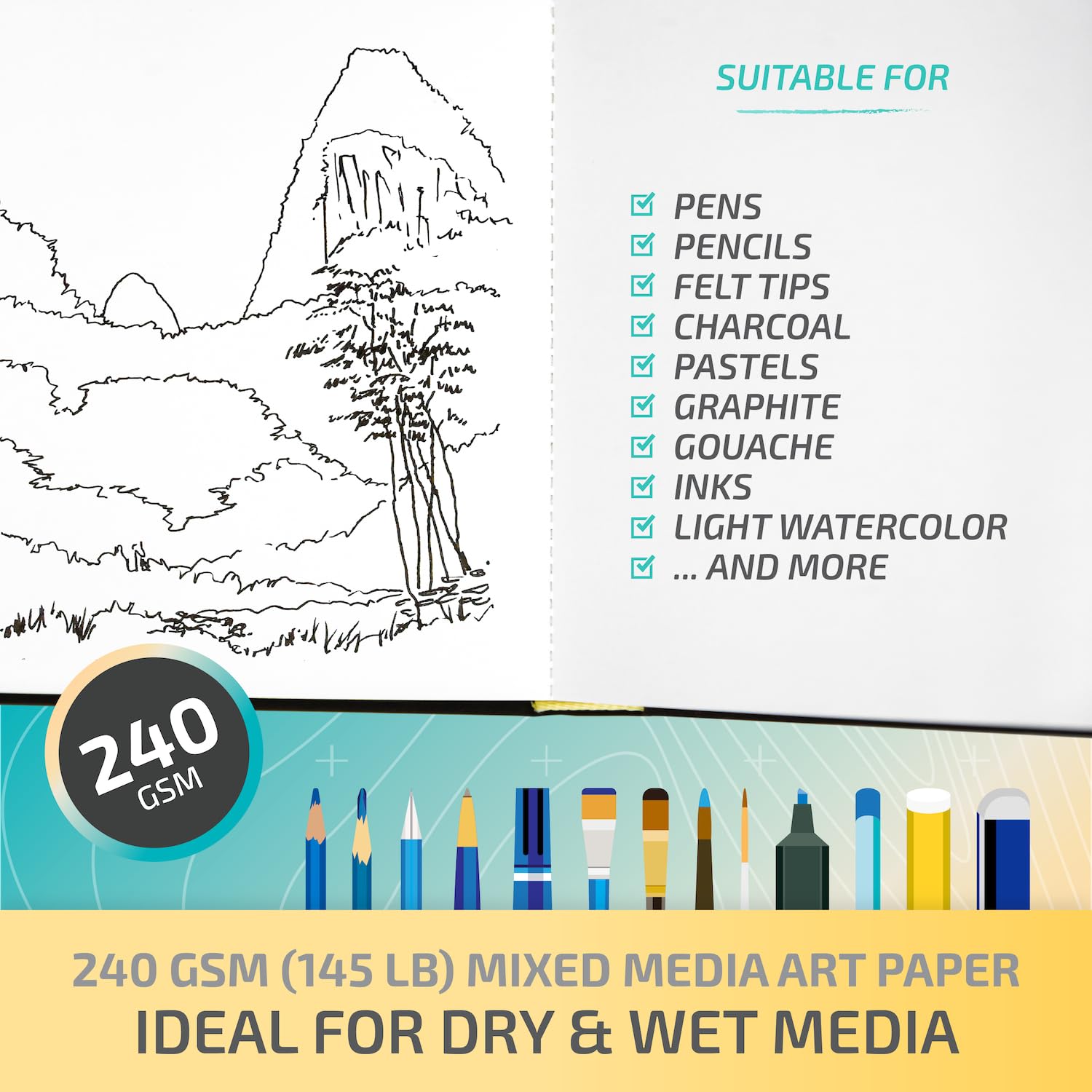 PaperBay Confezione da 2 blocchi da disegno misti da 240 g/m², 13,5 x 19,6 cm, con copertina rigida per mescolare pennarelli asciutti o bagnati, pastello, lavaggi ad acquerello chiari, per diario di
