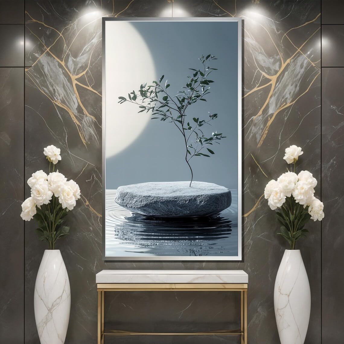 TONGYINLI Minimalistyczny obraz zen na płótnie, obrazy z kamienia roślinnego, nowoczesna sztuka ścienna, do salonu, nowoczesna dekoracja domu (43 x 86 cm)