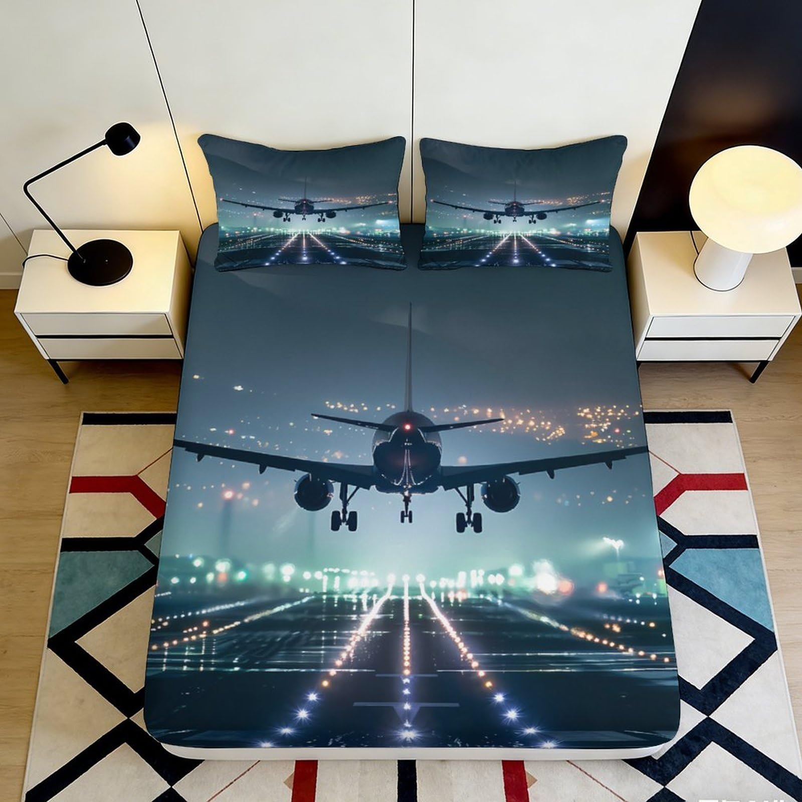3D Printed Night Runway Airplane Fitted Sheet Microfiber Mattress Cover Soft Decor for Bedroom Guest Room 180x200x25cm
