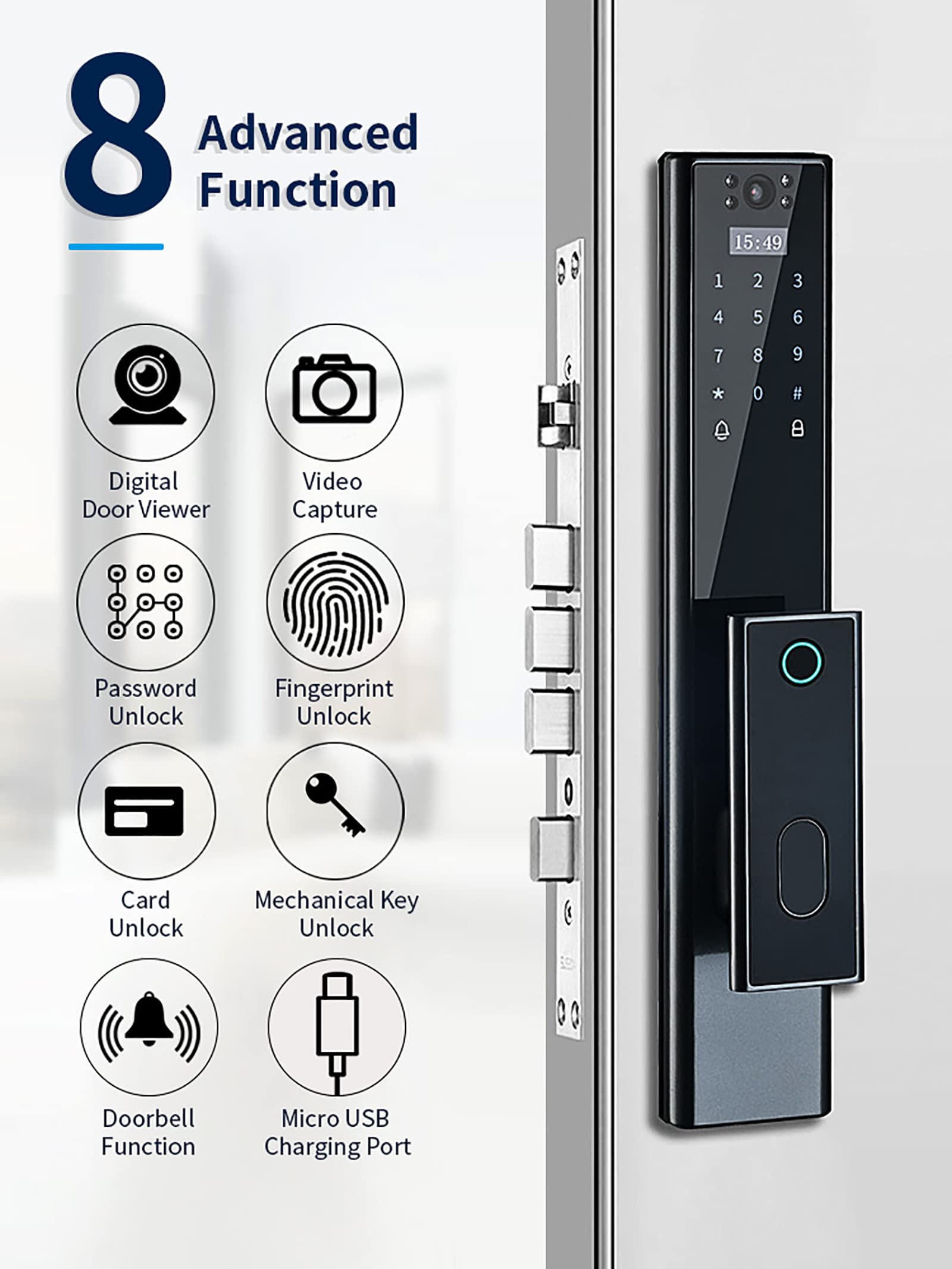3D Face Smart Deurslot, NFC Keyless Entry Deur Outdoor Digitaal Slot Met Beveiligingscamera Deurslot Met Code En Vingerafdruk Biometrisch, Slimme Sloten Voor Voordeur(lock 30 * 240mm