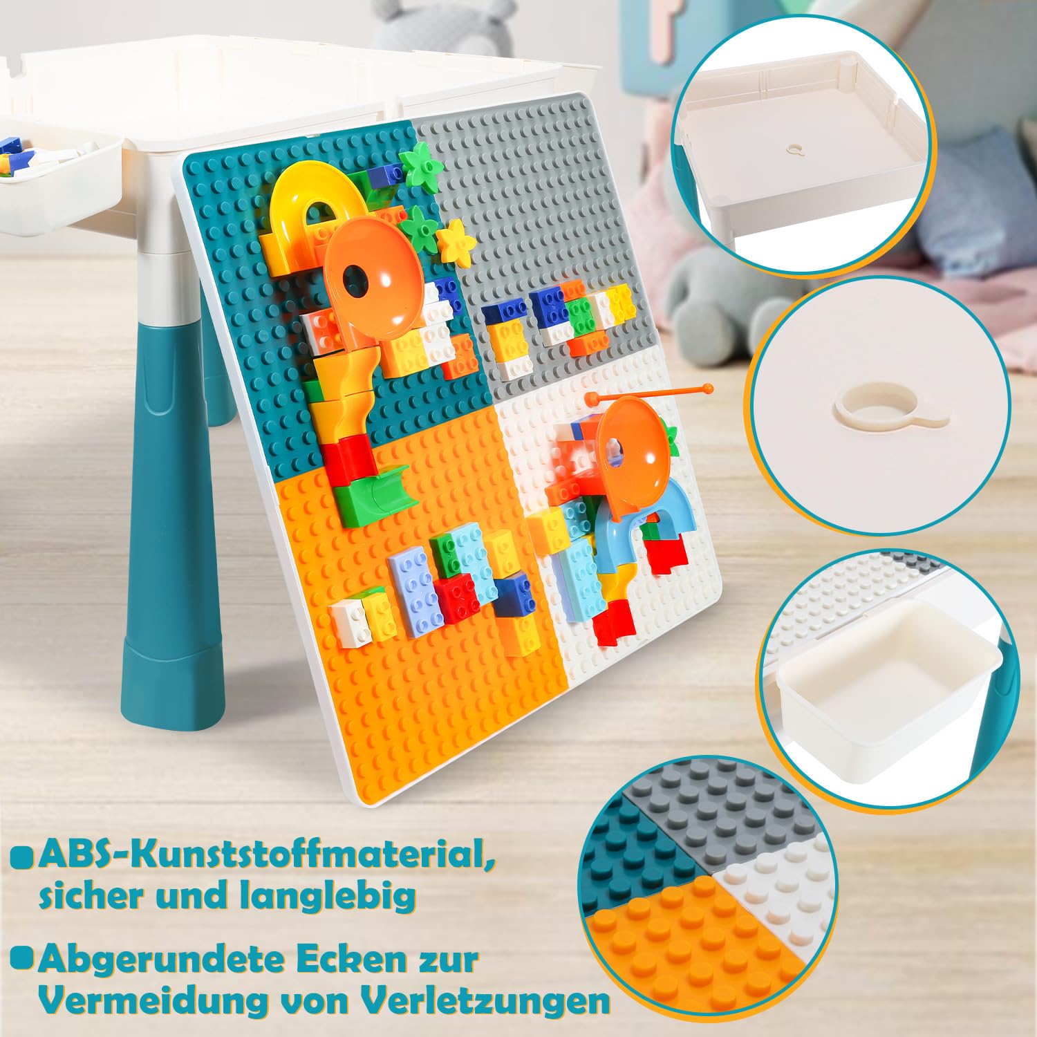 Kindertisch mit 2 Stühlen, Bausteintisch 2-in-1 mit Wendplatte, höhenverstellbar 44/51 cm, Spieltisch mit 4 Boxen und Innenfach, 251 Bausteine, Bastel- und Lerntisch, Weiß/Türkis