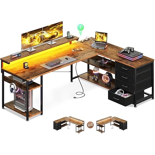 AODK 61" L Shaped Desk with Drawer, Computer Desk with Power Outlets & LED Lights, Reversible Corner Gaming Desks for Home Office Workstation, Office Table with Monitor Shelf, Vintage