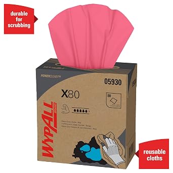 WypAll PowerClean X80 Cloths Heavy Duty Wipes (05930), Pop-Up Box, Extended Use Towels, Red (5 Packs of 80 Sheets, 400 Sheet Total)