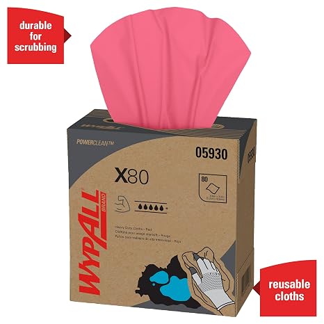 WypAll PowerClean X80 Cloths Heavy Duty Wipes (05930), Pop-Up Box, Extended Use Towels, Red (5 Packs of 80 Sheets, 400 Sheet Total)
