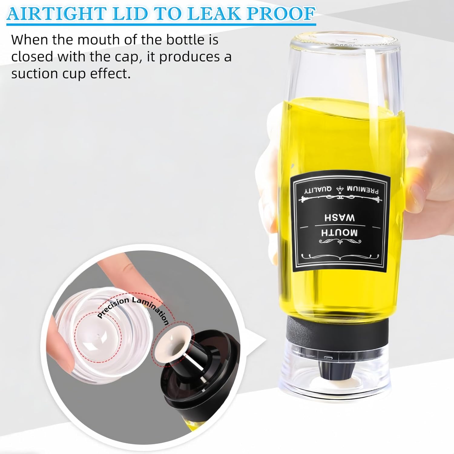 1 Pack Glass Mouthwash Dispenser, Leakproof Mouth Wash Container Bottle with Cup Lid, 9.5 OZ Refillable Clear Mouthwash Dispensers Decanter for Bathroom Farmhouse Decor/6 Pcs Label - Image 5