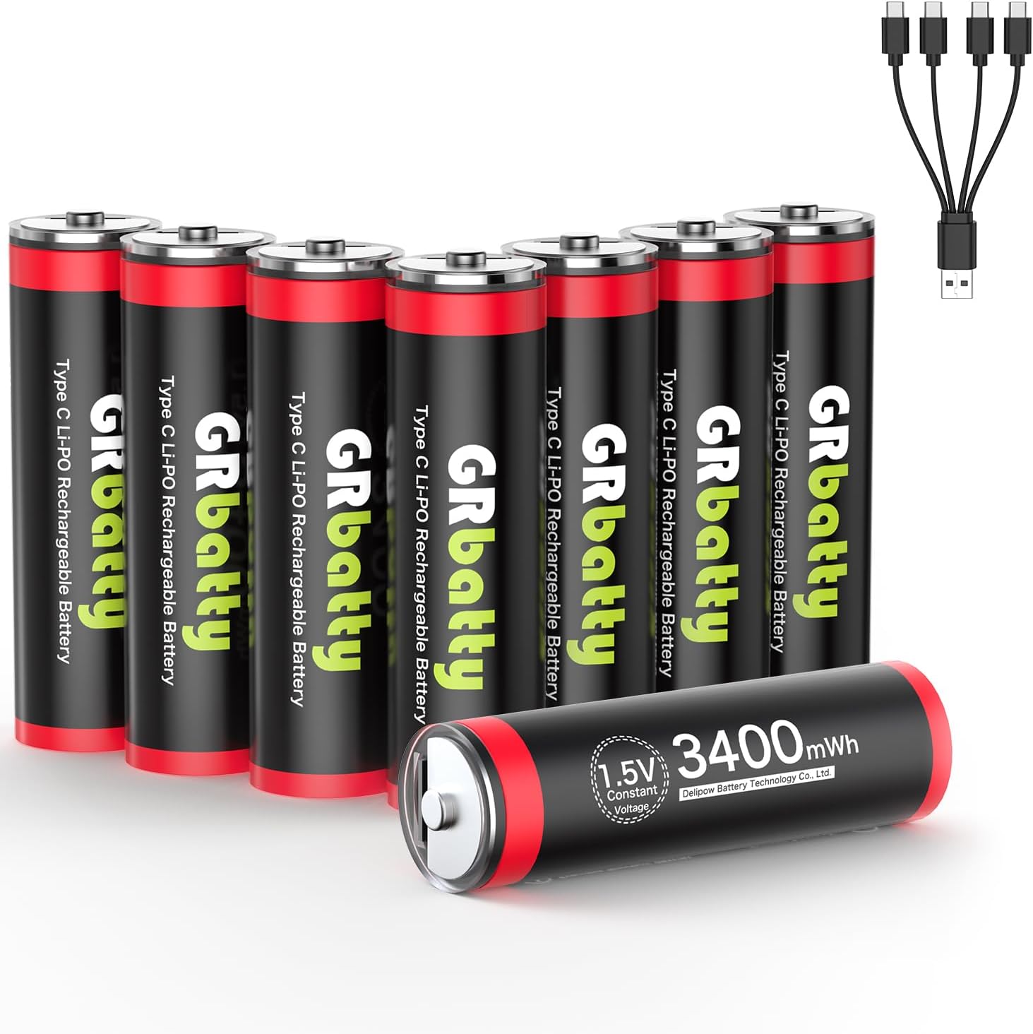 GRbatty USB Rechargeable AA Lithium Batteries 8 Pack, USB C