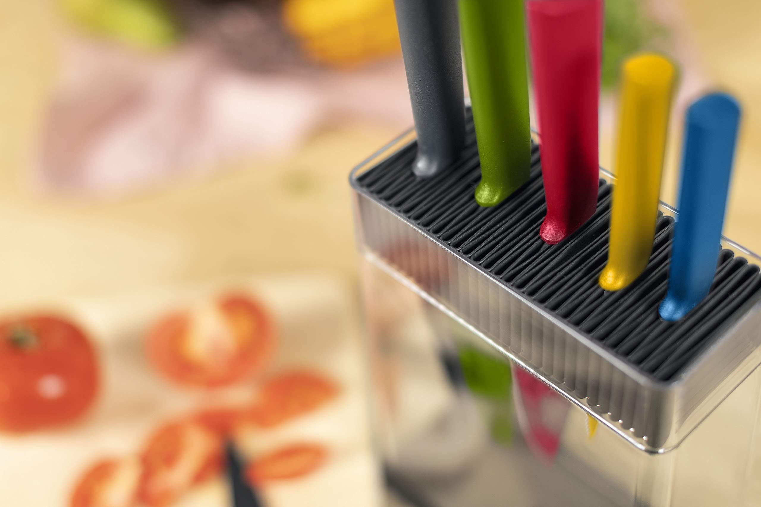 KUHN RIKON COLORI+ blok na noże Vision z nożem, w zestawie: 7 szt. różnokolorowych noży, szary, przezroczysty